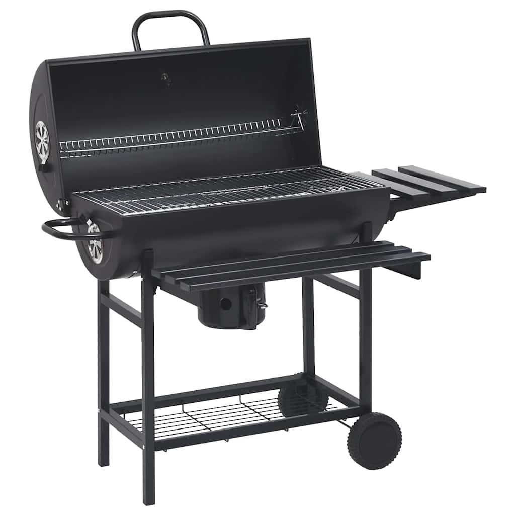 vidaXL Parrilla de barril ruedas y estantes acero negro 115x85x95 cm