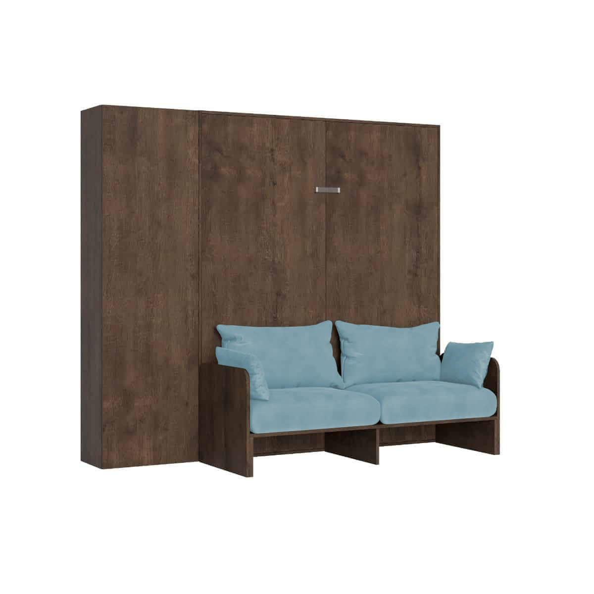 Cama doble plegable Kentaro de 160 cm con sofá y columna de nogal, azul claro - Itamoby