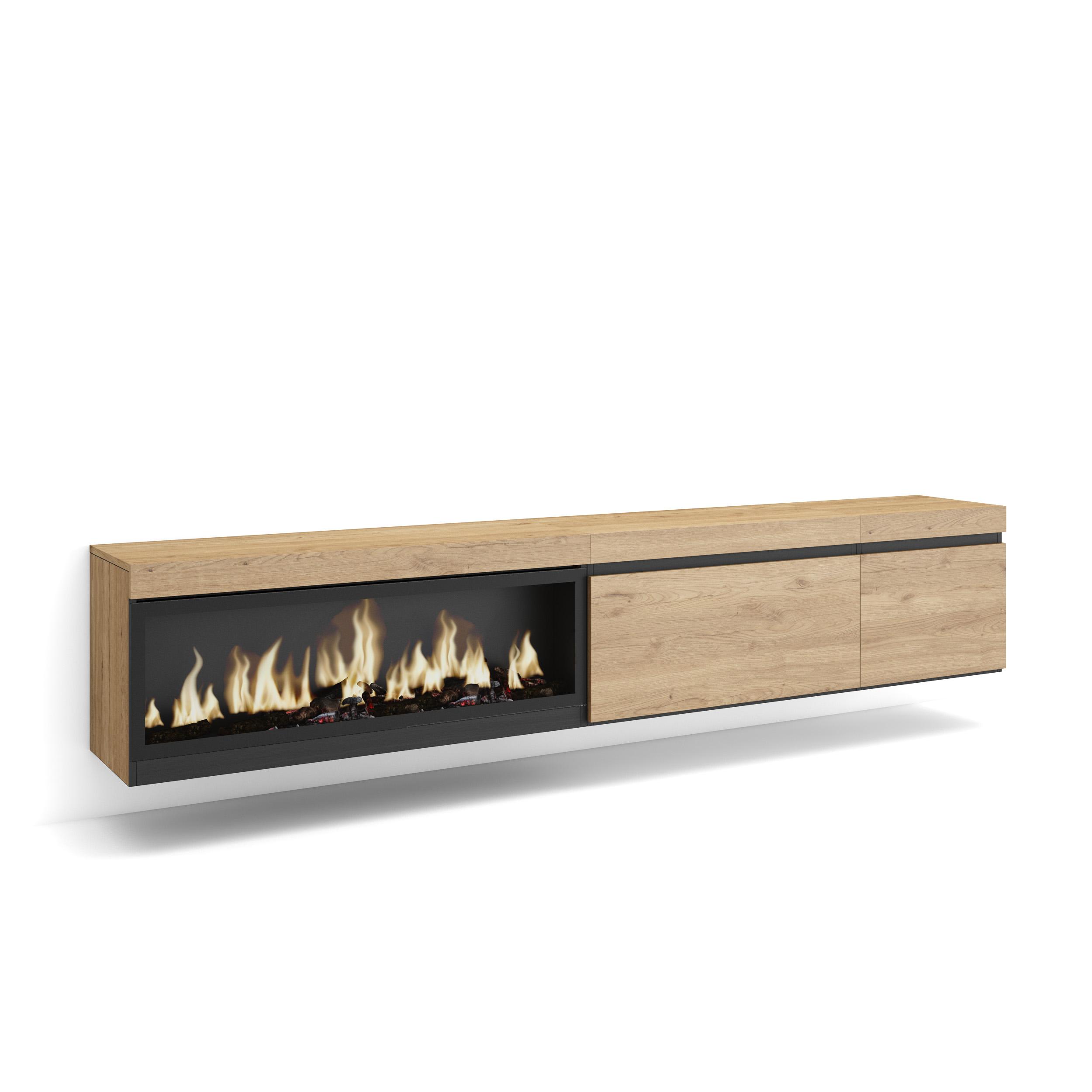 Skraut Home, Mueble TV, Televisión, Muebles de salón, almacenaje adicional, 237x35x45cm, Chimenea eléctrica XXL led efecto fuego 3d, Colgado