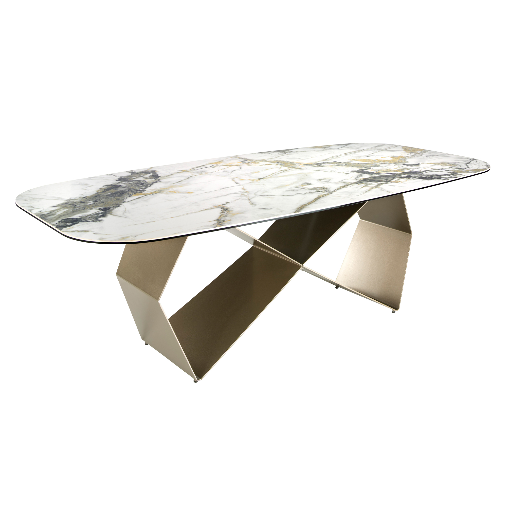 ANGEL CERDÁ 1140C Mesa comedor rectangular mármol porcelánico y acero color champagne , Blanco , Mármol Porcelánico , Ø240 x 120 x 76