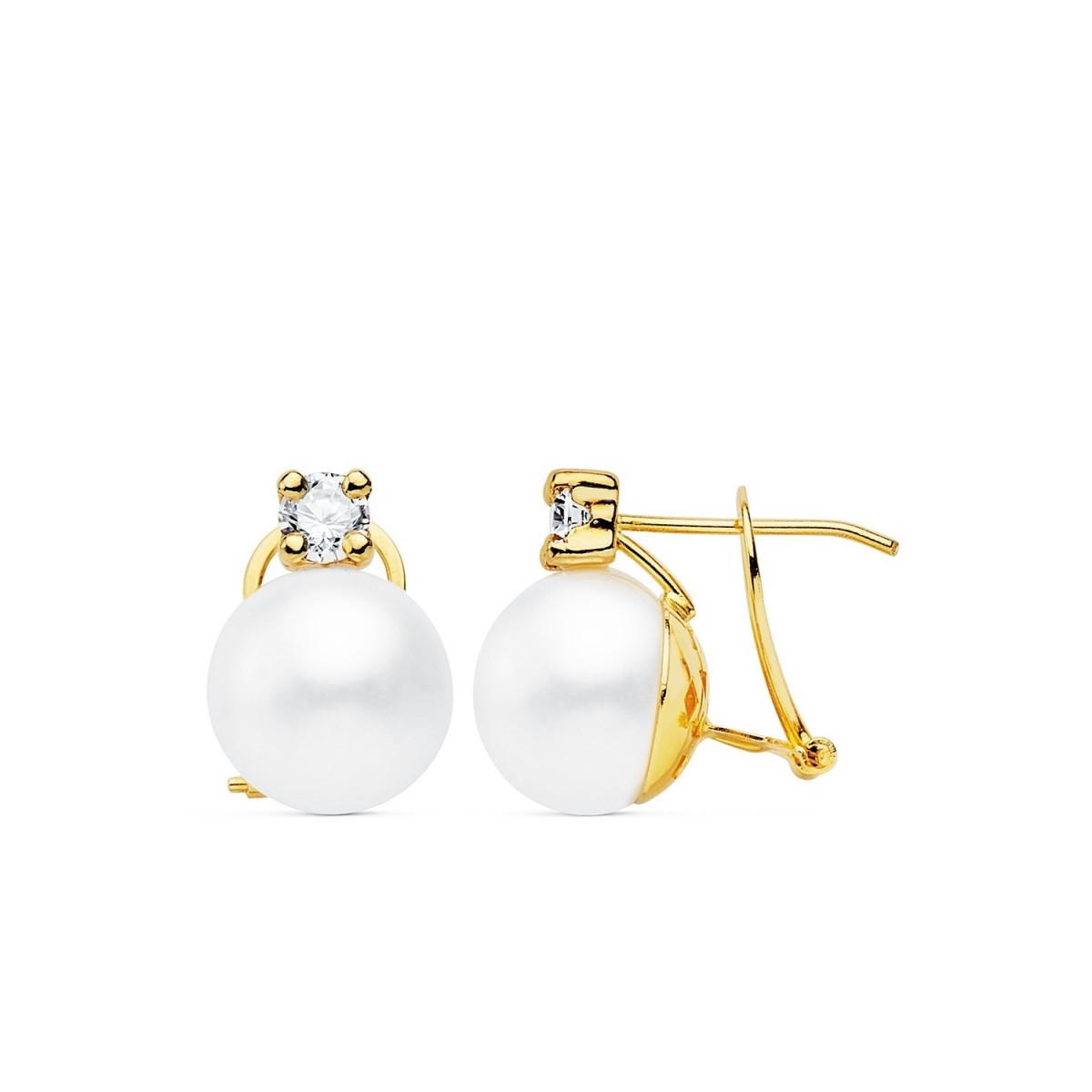 Pendientes oro 18k 15mm. perla cultivada botón 11mm. chatón circonita cierre omega mujer