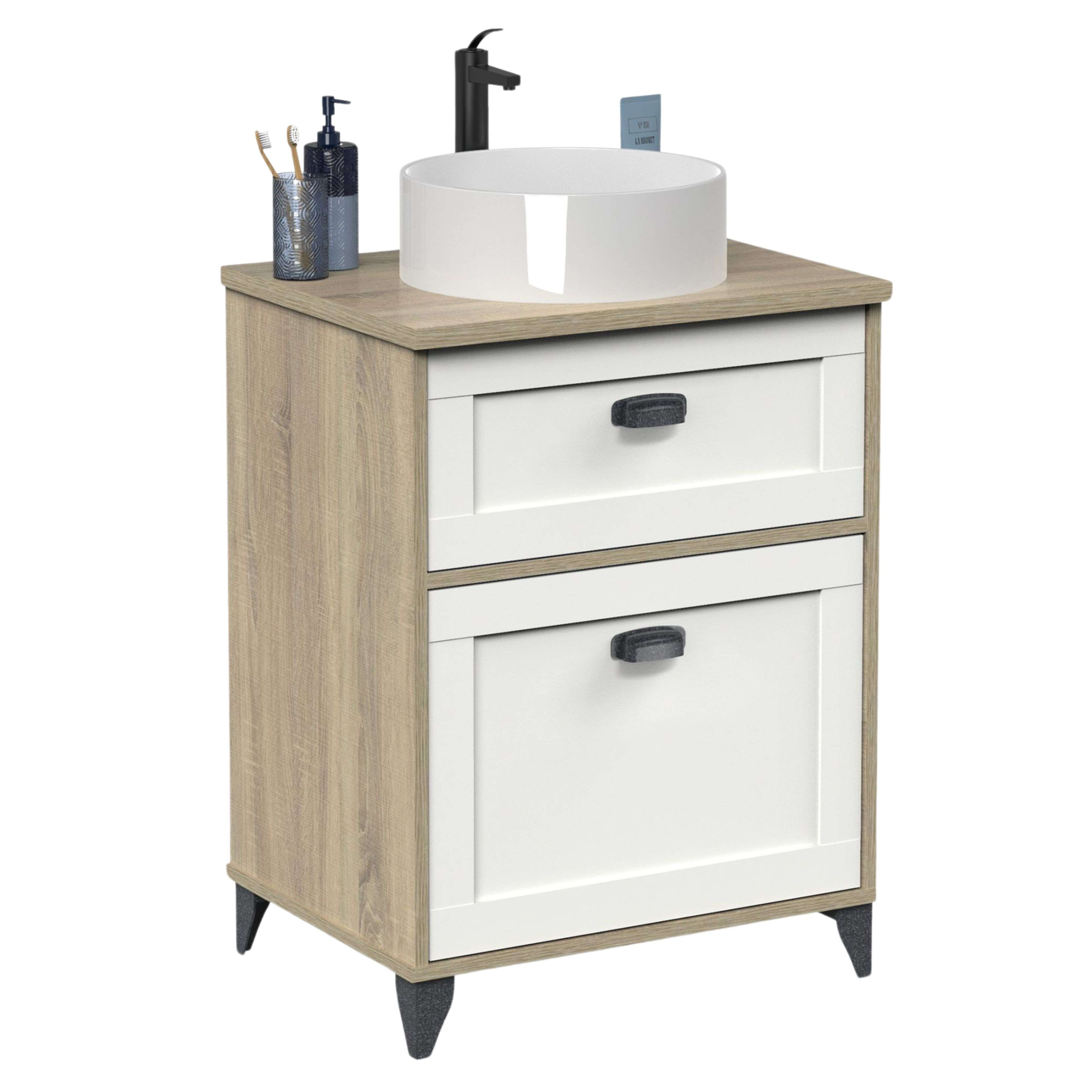 Miroytengo Mueble de Baño 60 cm Toscana con 2 Cajones Estilo Nórdico Color Blanco y Roble Cambrian (Con Lavabo)