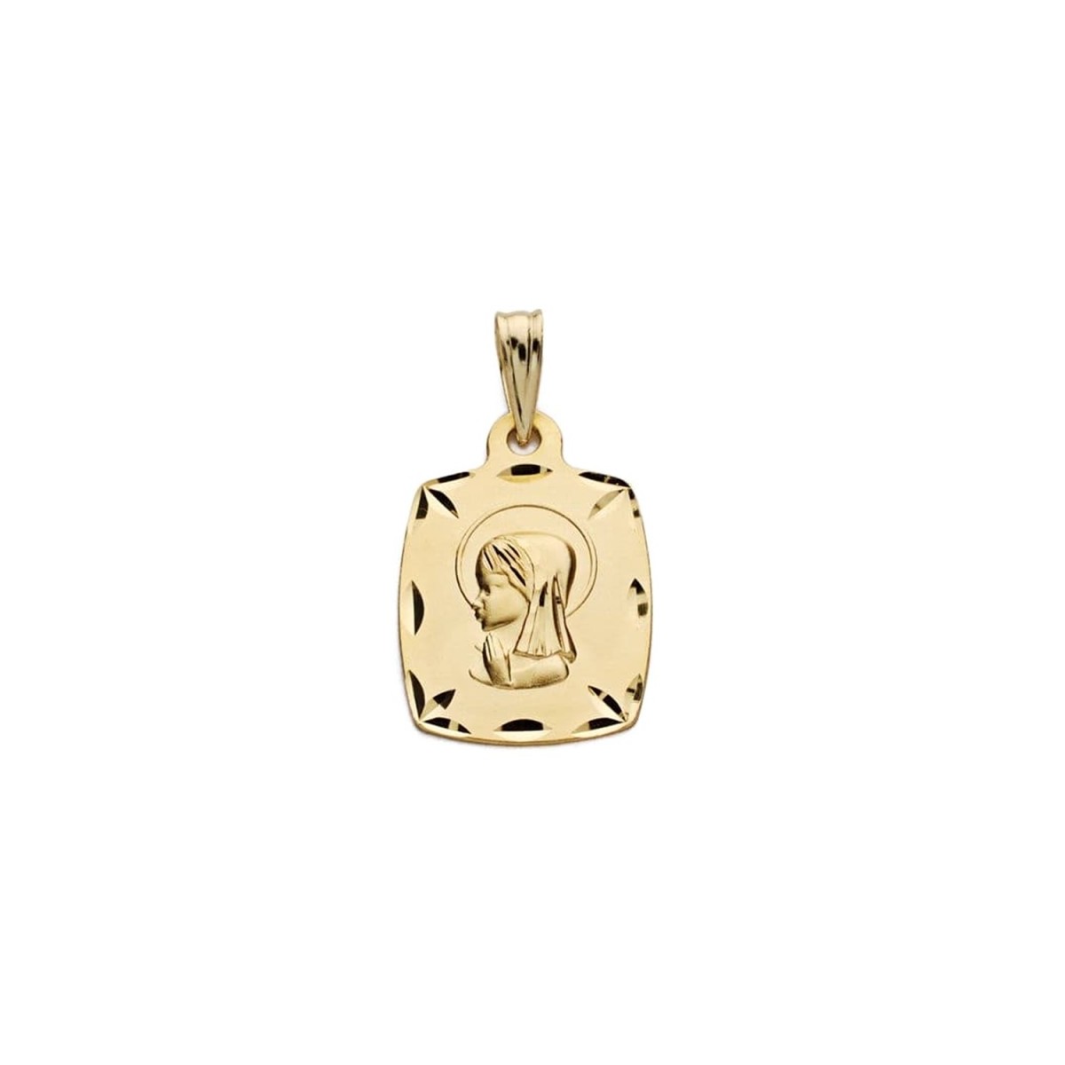 Virgen Niña medalla oro 18k Primera Comunión colgante 19 mm. cuadrado detalles tallados