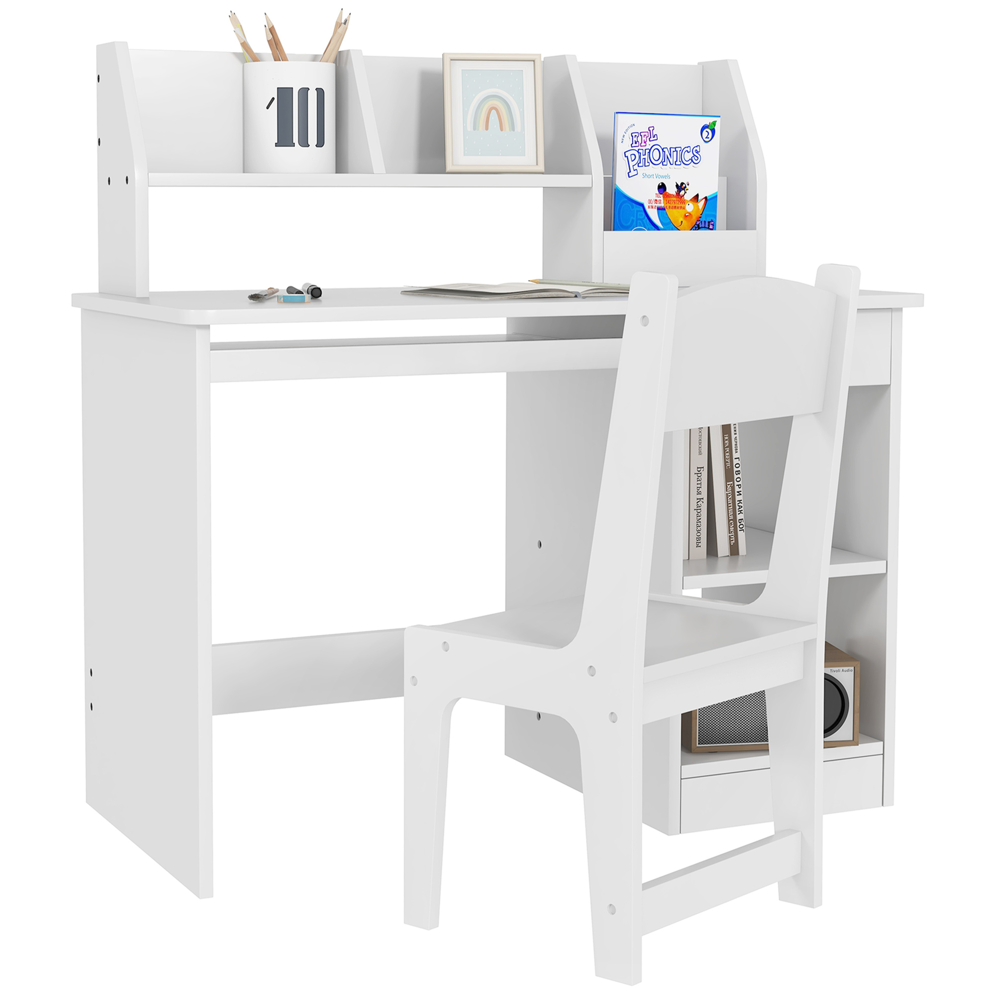 ZONEKIZ Juego de Escritorio y Silla para Niños de +5 Años Pupitre Infantil con 2 Cajones y Compartimento para Dormitorio Sala Estudio Blanco