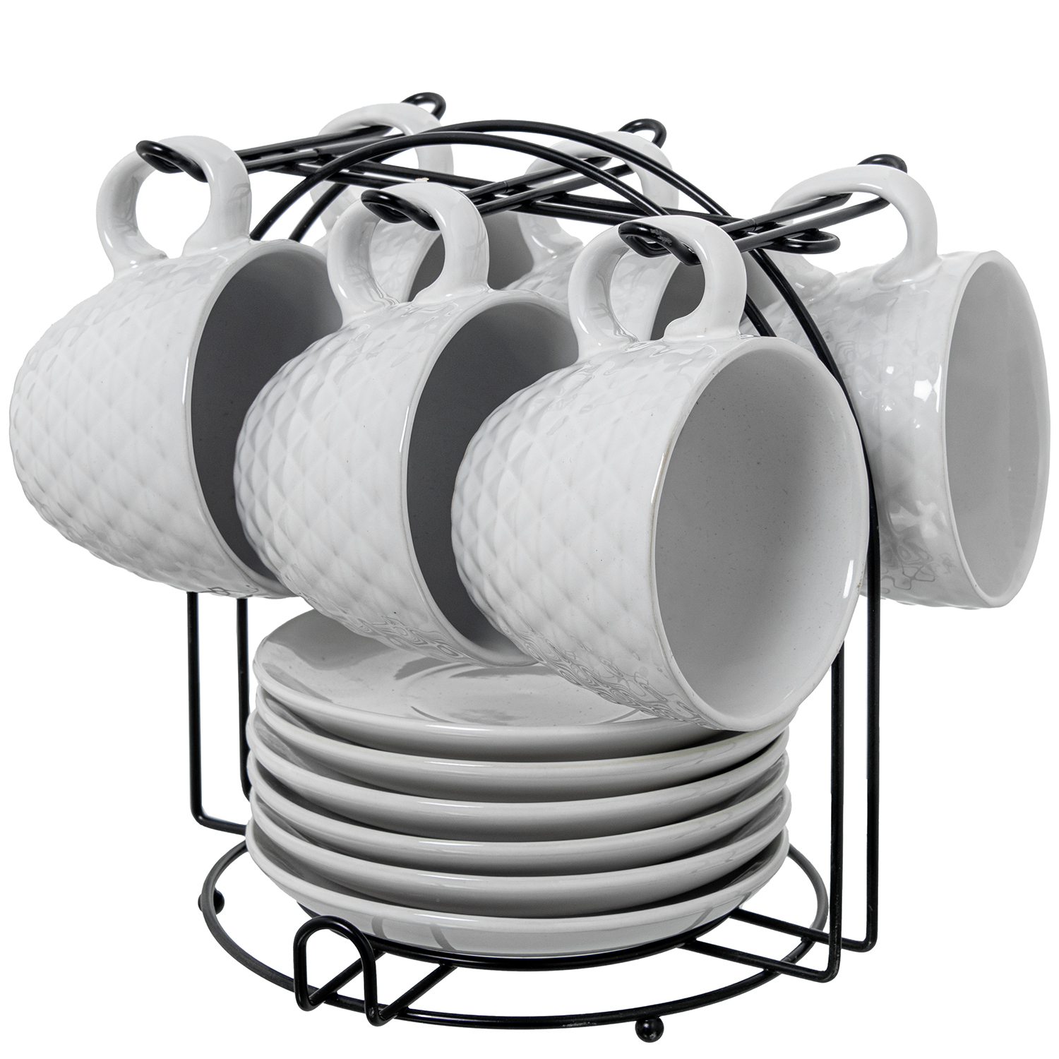 Set 6 tazas te con plato ceramica blanca con soporte metal negro taza: 207ml 9x8cm plato: 14cm