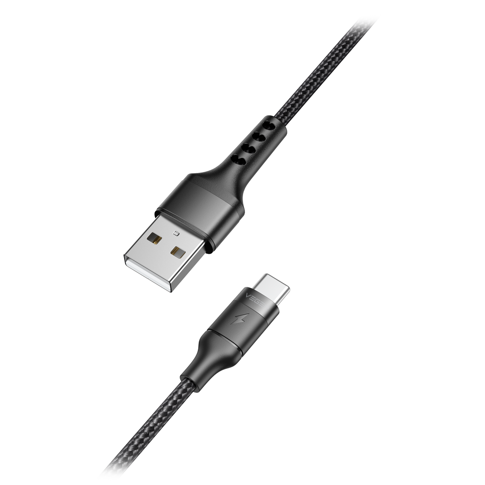 Veger - Cable USB 2.0 para portátiles - USB-A a USB-C - Cubierta de metal, Nylon trenzado - Longitud 1.2m - Carga rápida | Color negro