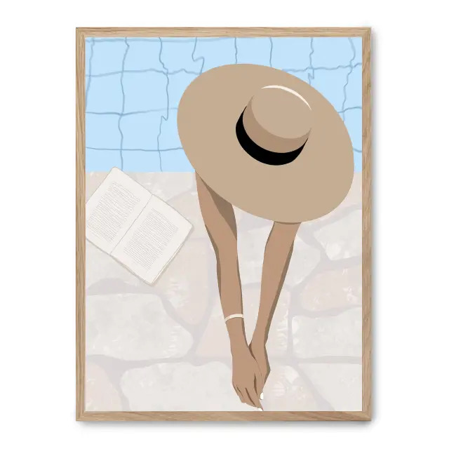 Cuadro poolside relax 30x40cm, Póster impreso en papel de primera calidad de 180gr, montado sobre marco de madera MDF acabado roble., Arte - Pinturas