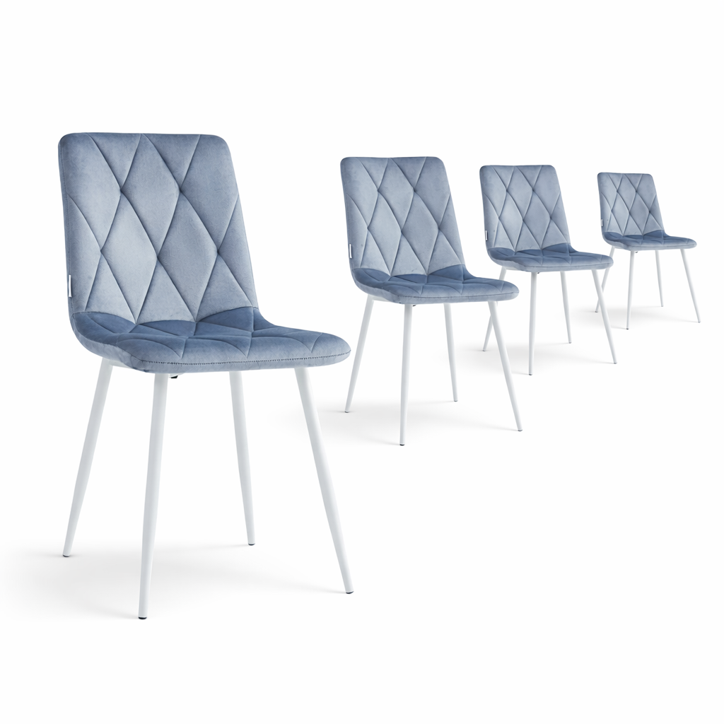 Minimal DECO Pack de 4 Sillas de Comedor Modernas Color Gris Azulado Tapizadas en Terciopelo Acolchado con Patas Metálicas Blancas o Negras, Diseño Nórdico Elegante con Respaldo Ergonómico para Cocina, Salón y Comedor Moderno 54x44x90 cm