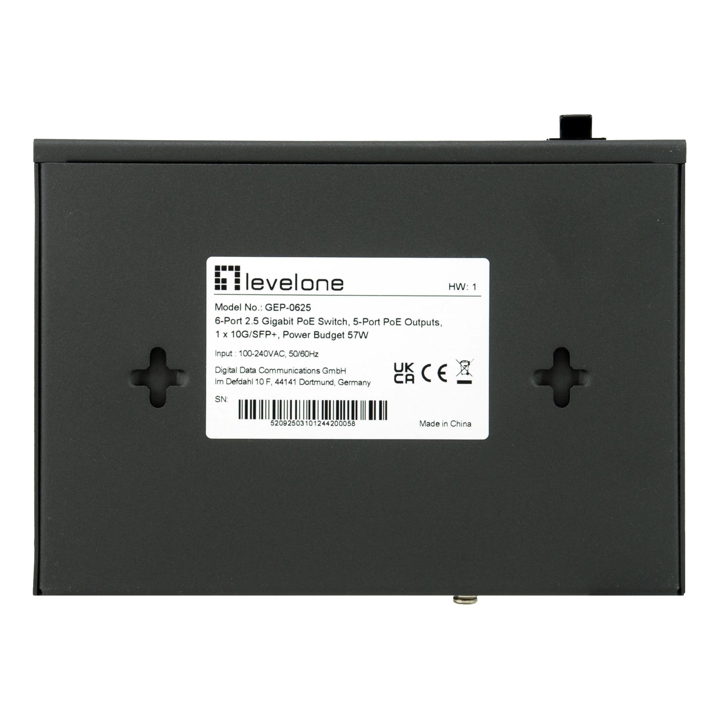 HUB Switch puertos 5 LevelOne GEP-0625  | 2.5G Ethernet (100/1000/2500), 1 x 10G/SFP+, Negro
