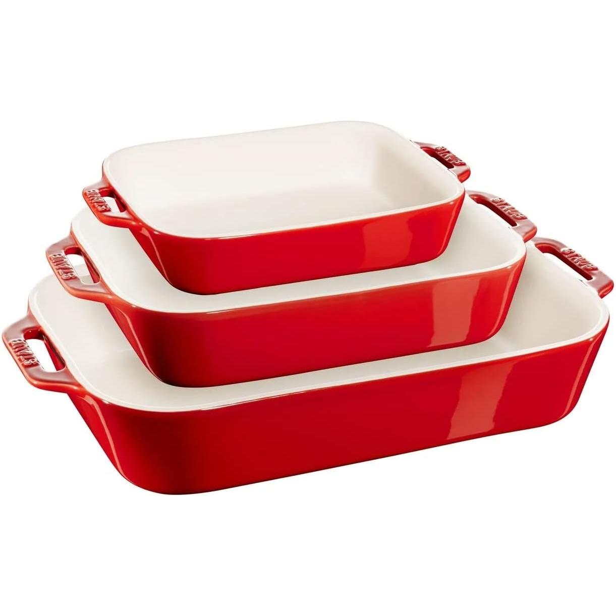 STAUB Ceramique-Juego de 3 Placas de Cerámica rectangulares para Horno y cazuela, ajustadas para Horno, freezador-Cereza
