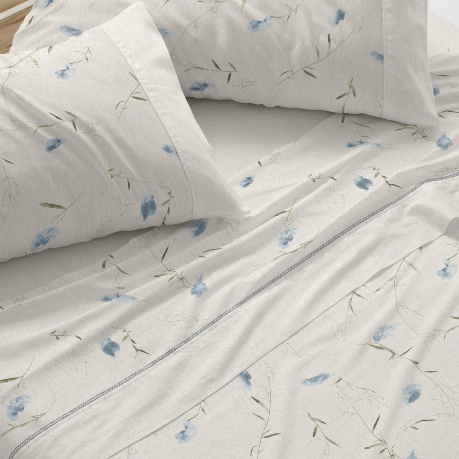 Juego Sábanas BURRITO BLANCO 50% Algodón Diseño Botánico Natural Azul - Tacto Suave, Fácil Planchado, Alta Durabilidad - Cama 90-200cm