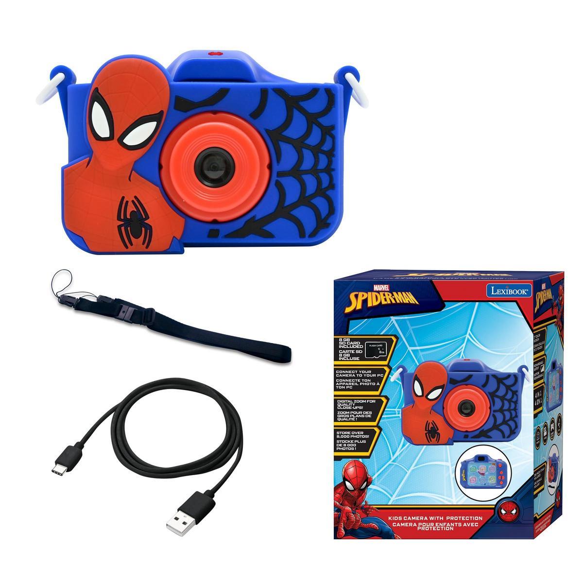 LEXIBOOK - Spider-Man, Cámara 4 en 1 para niños con protección, Funciones de Foto, Video, MP3 y Juegos, 15 Marcos para Personalizar Tus Fotos, Tarjeta de Memoria de 8 GB incluida