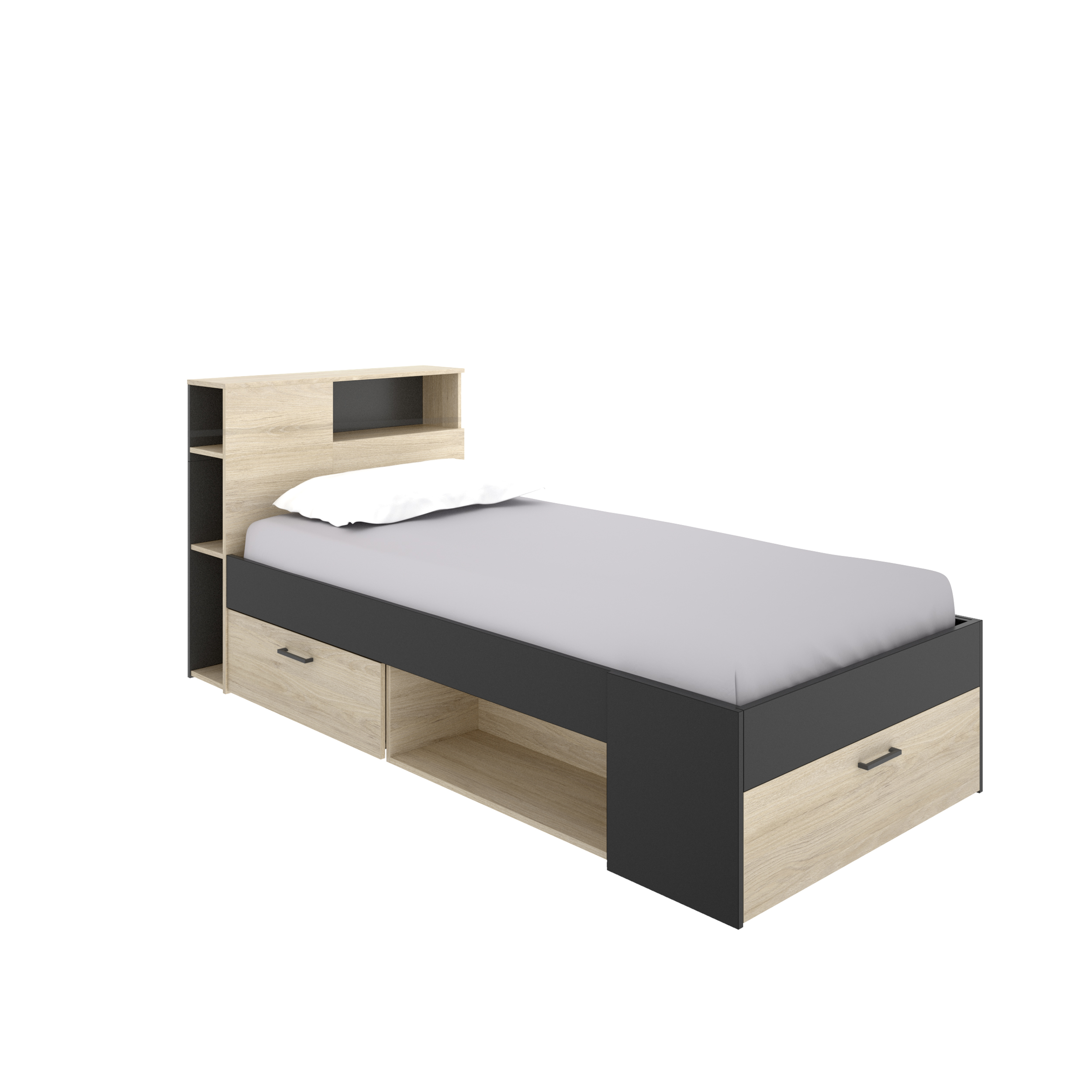 Dekit Cama Compacta con Cabezal-estantería y Compartimentos - Lanka - Natural/Grafito 96x218x99