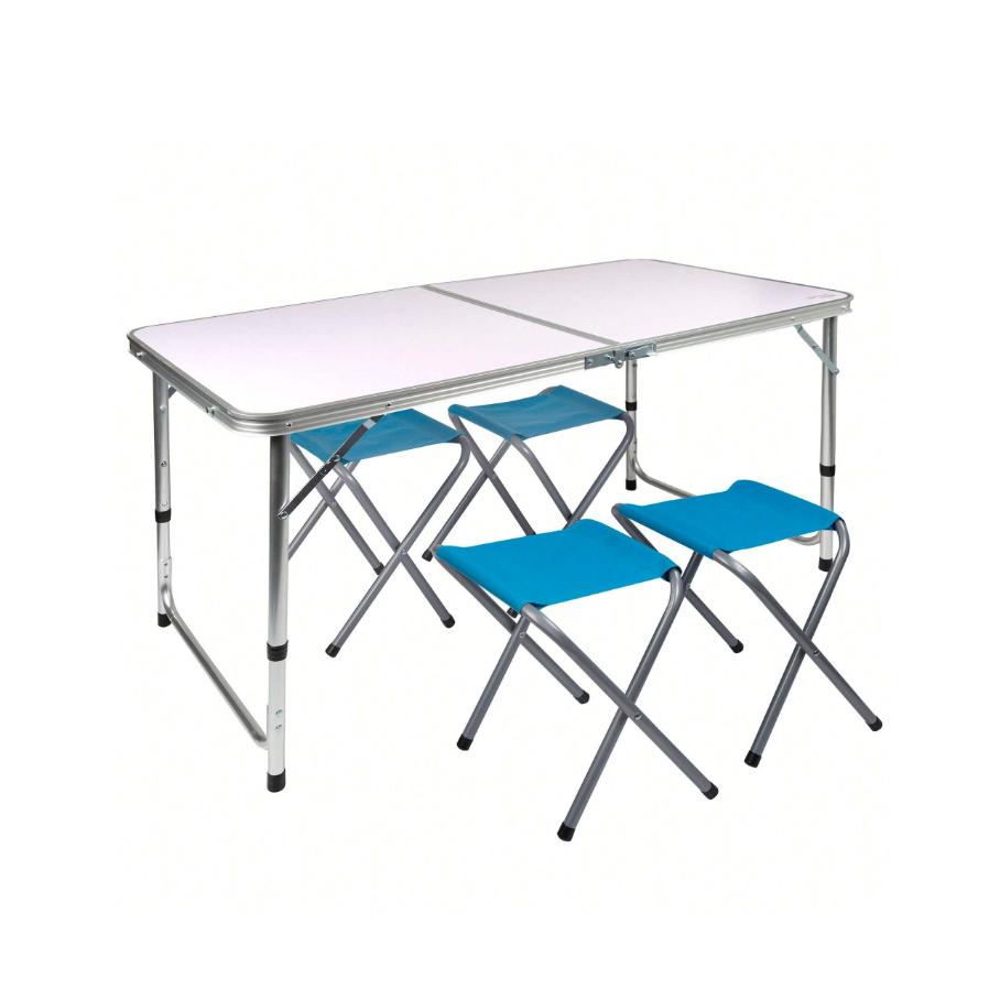 Mesa plegable regulable en altura con 4 taburetes Aktive, Mesa plegable portátil camping para 4 persona incluye 4 taburetes Mesa plegable jardín Conjunto mesas y sillas plegable