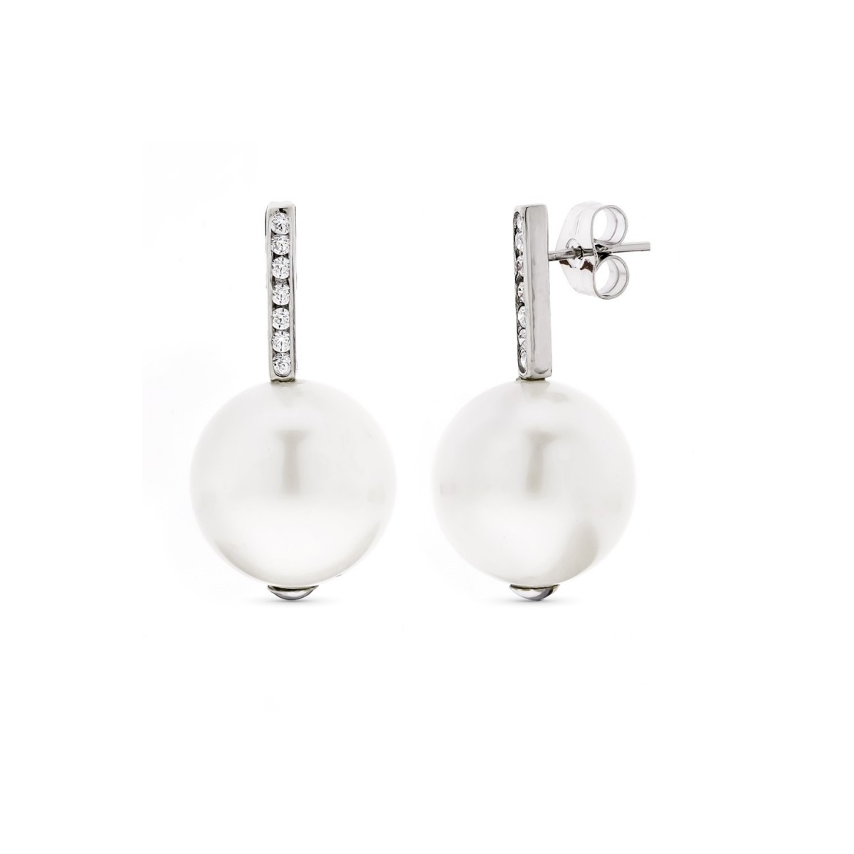 Pendientes oro blanco 18k mujer largos perla 14 mm. combinada circonitas presión