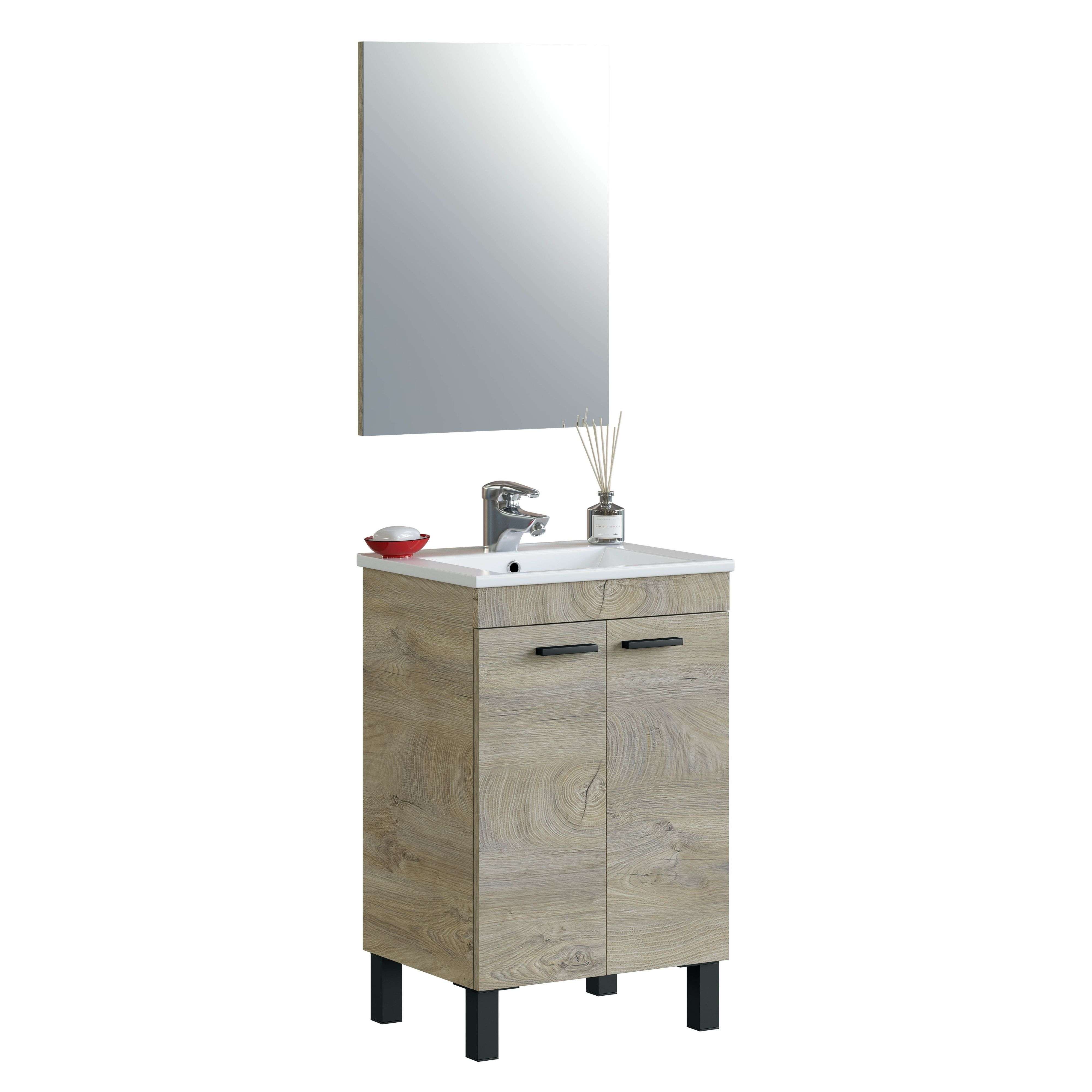 Miroytengo Mueble de Baño Ezio Estilo Natural en Color Roble Alaska con Espejo, 2 Puertas y Patas 50x80x50 cm (Lavabo Opcional)