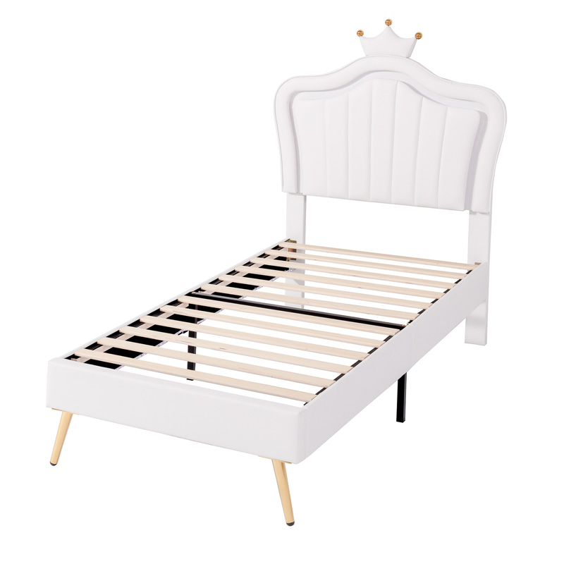 Lit enfant rembourré blanc 90 x 200 cm avec tête de lit couronne, revêtement effet cuir et éclairage LED