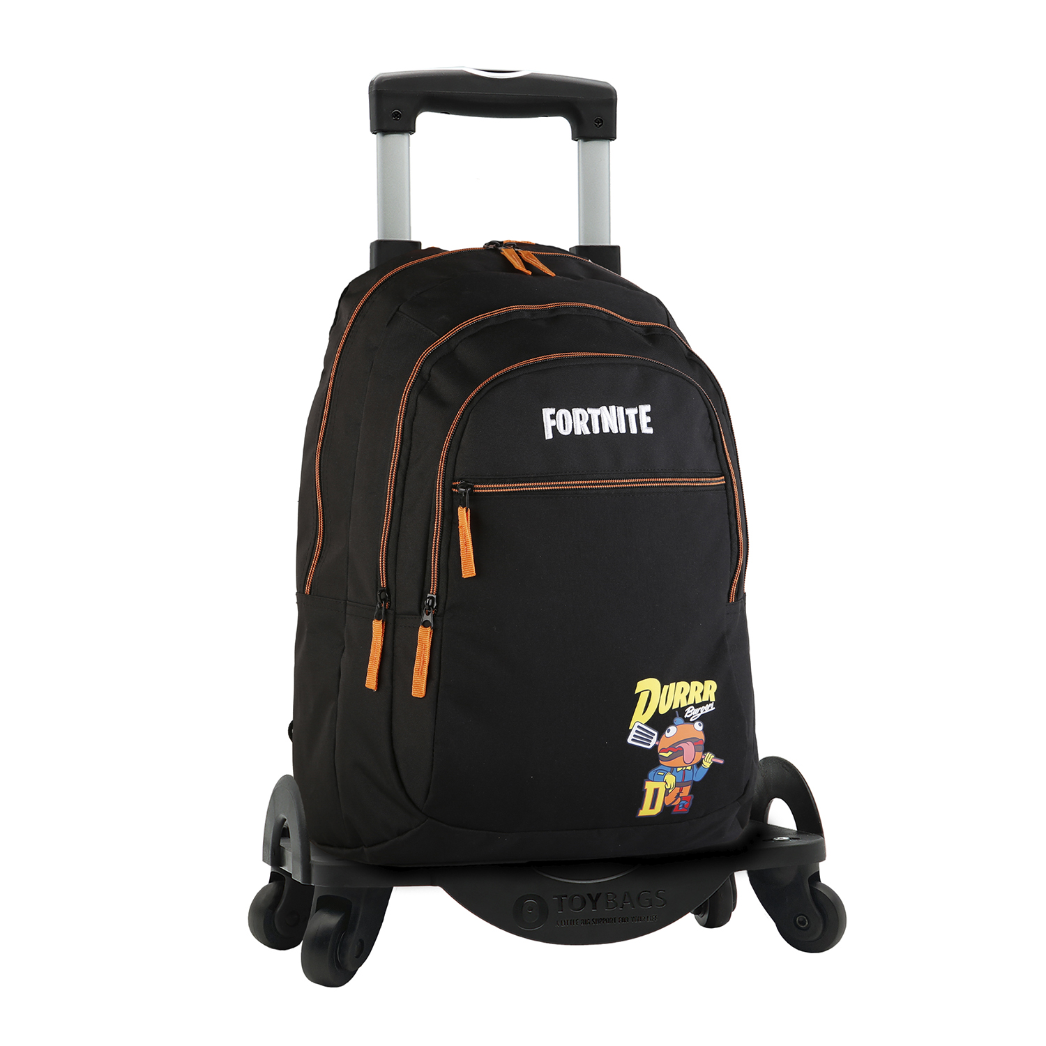 DAM Fortnite Durrr mochila primaria doble compartimento + carro  con protección lateral y stoper frontal, 4 ruedas multidireccionales. 31x18x42 Cm. Color: Negro