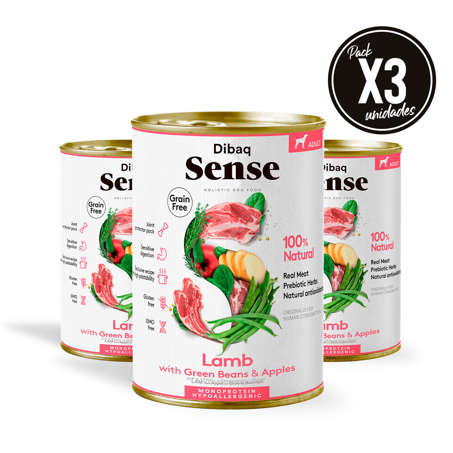 Dibaq Sense Dog,  comida húmeda, cordero, sin cereales, pack 3 uds x 380 gr