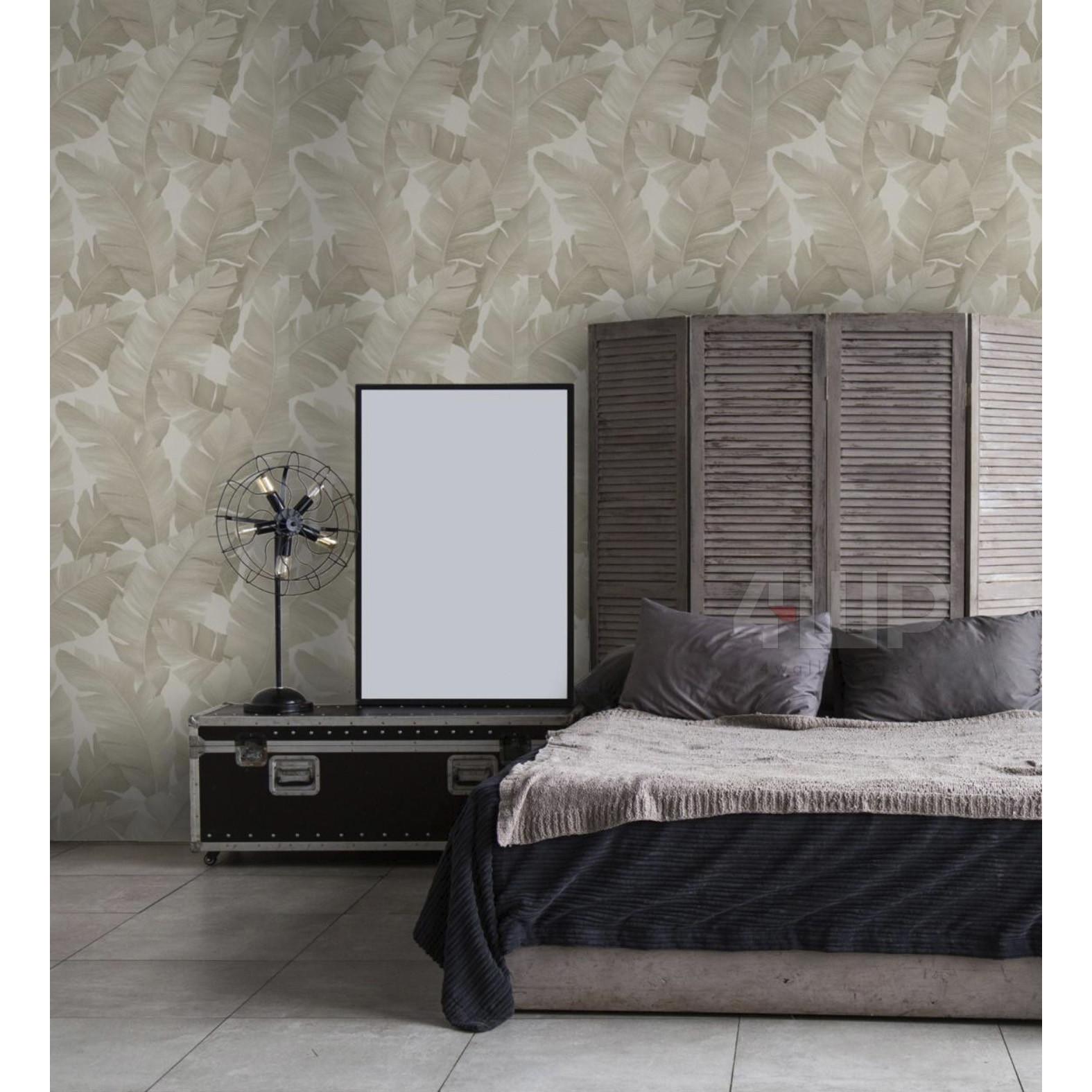 Papel pintado vinílico lavable de hojas grandes estilo tropical tonos beige con relieve - Florida Palms 127659 de GAULAN - Rollo de 10 m x 0,53 m