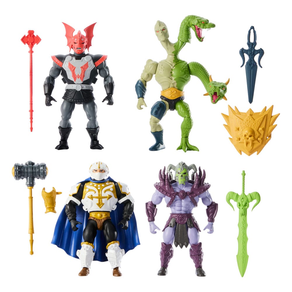 Masters of the Universe Origins Battle for Eternia - Juego de figuras de acción, 4 figuras, 14 cm, con accesorios
