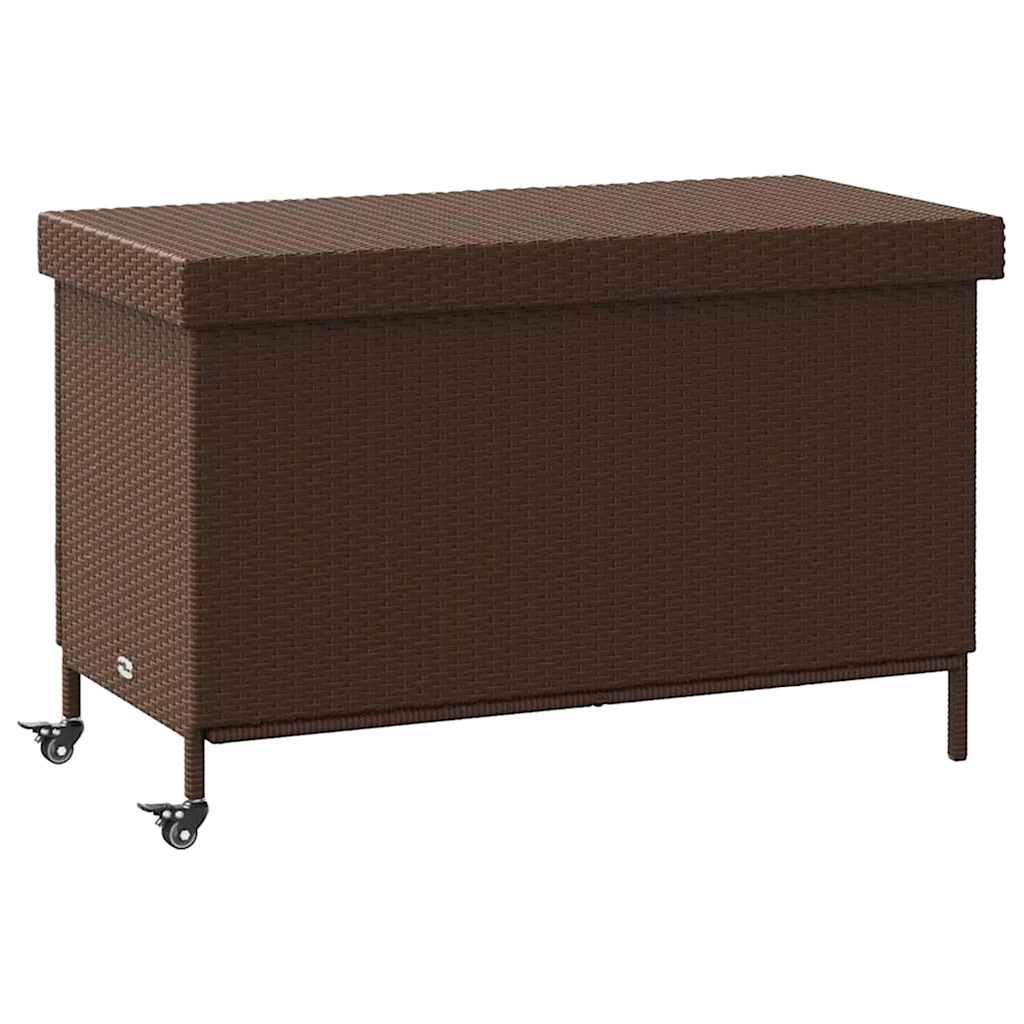 vidaXL Caja de almacenaje jardín ruedas ratán PE marrón 110x55x73 cm