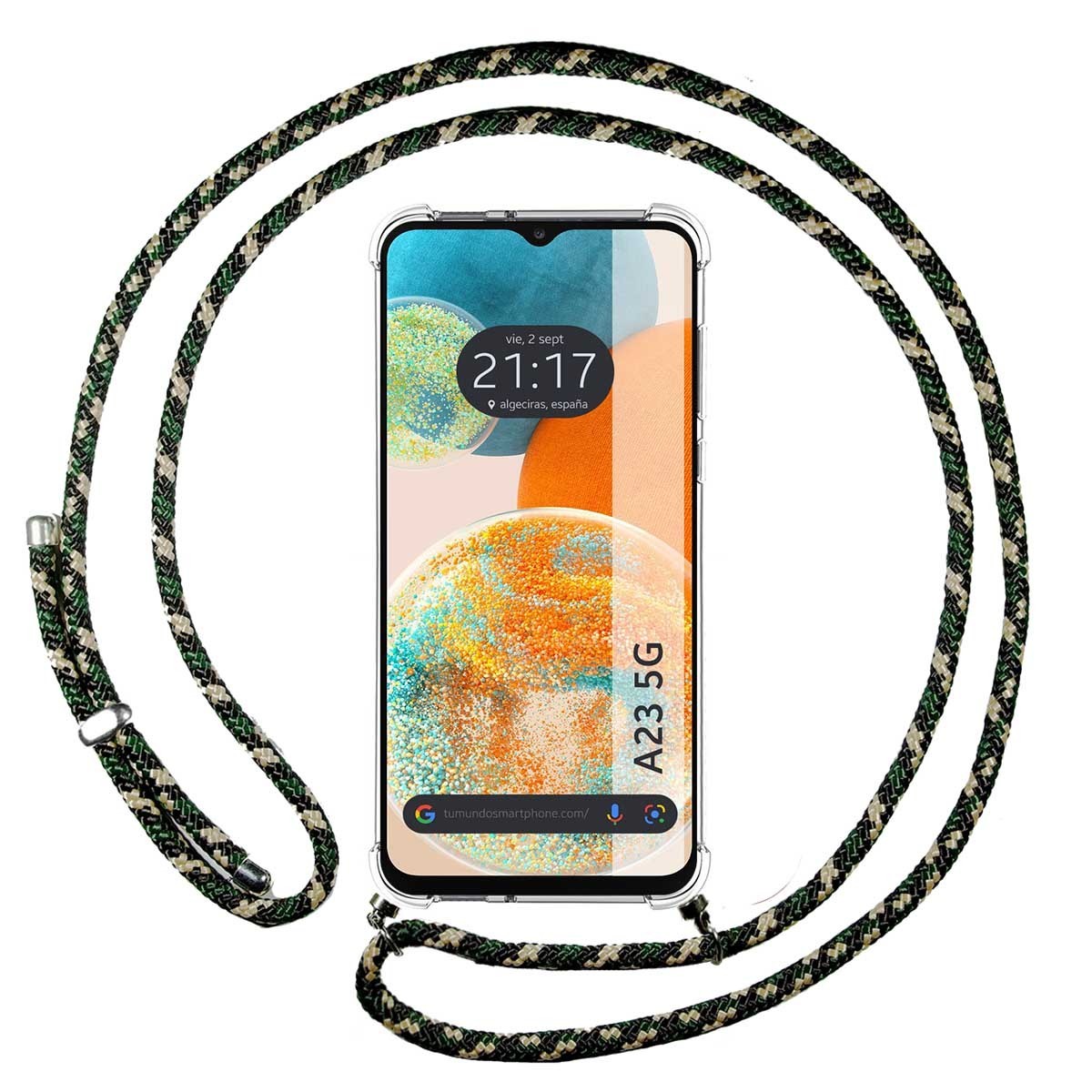 Tumundosmartphone Funda Colgante Transparente con Cordon Verde / Dorado para Samsung Galaxy A23 5G