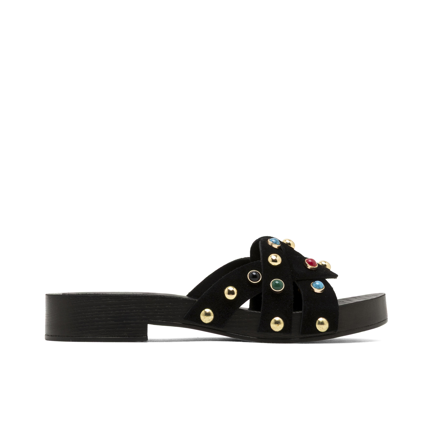 Sandalia de Tacón Bajo de Piel con Pedrería Multicolor Gracia Negro | Estabilidad y Elegancia Artesanal | Tacón 3cm y Plataforma 2.5cm | Suela Antideslizante | Hecho en España | Disponible en Tallas 3