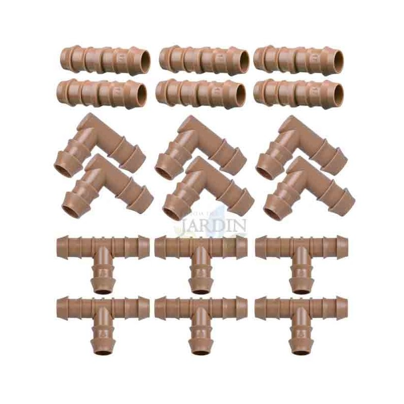 SUINGA Pack Accesorios para Tuberia Riego por Goteo 16 mm marrón: 6 Te + 6 Codo + 6 Enlace