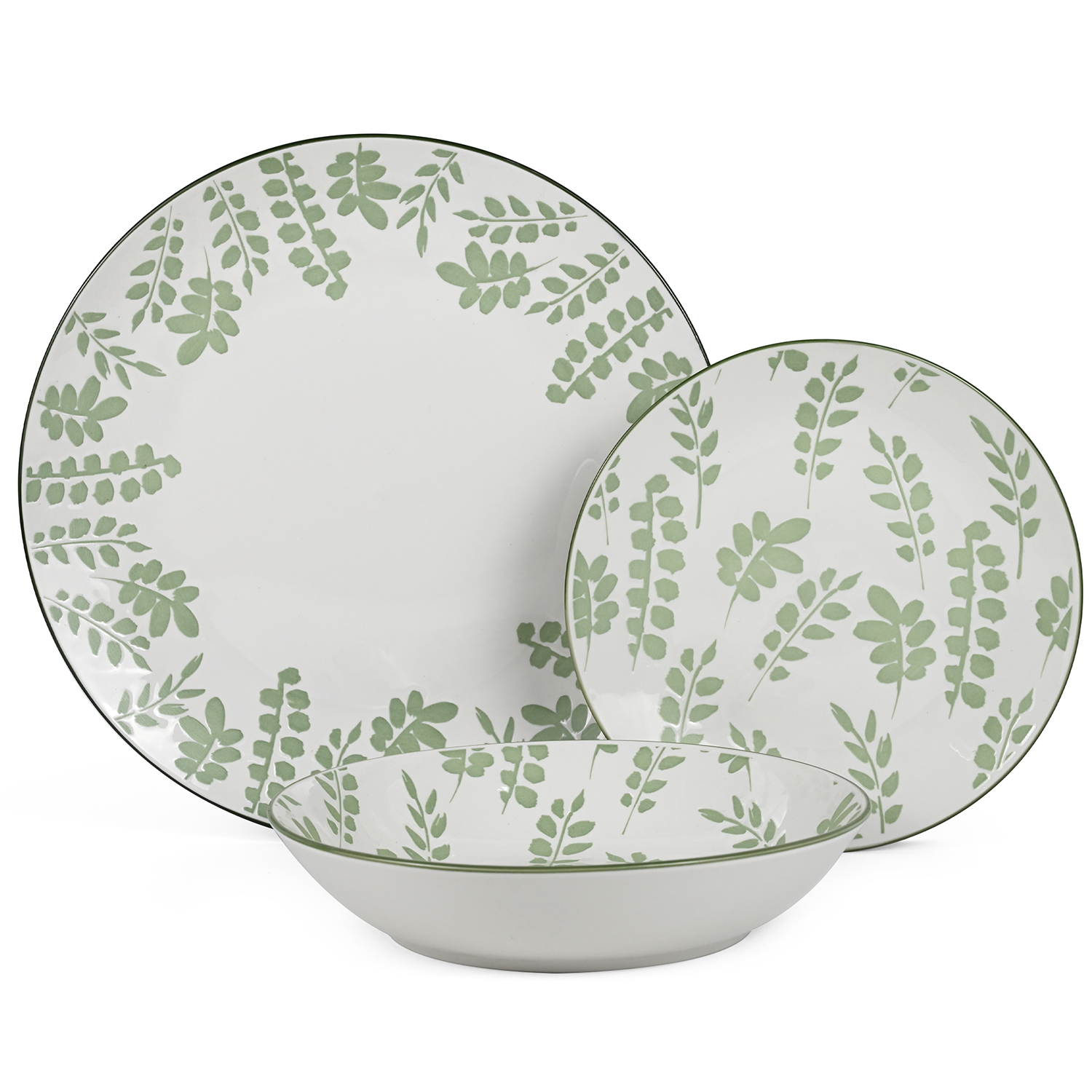 Vajilla 18 pzs porcelana blanco hojas verdes, plato llano: diametro 27 postre: 19cm, hondo: 20x4cm