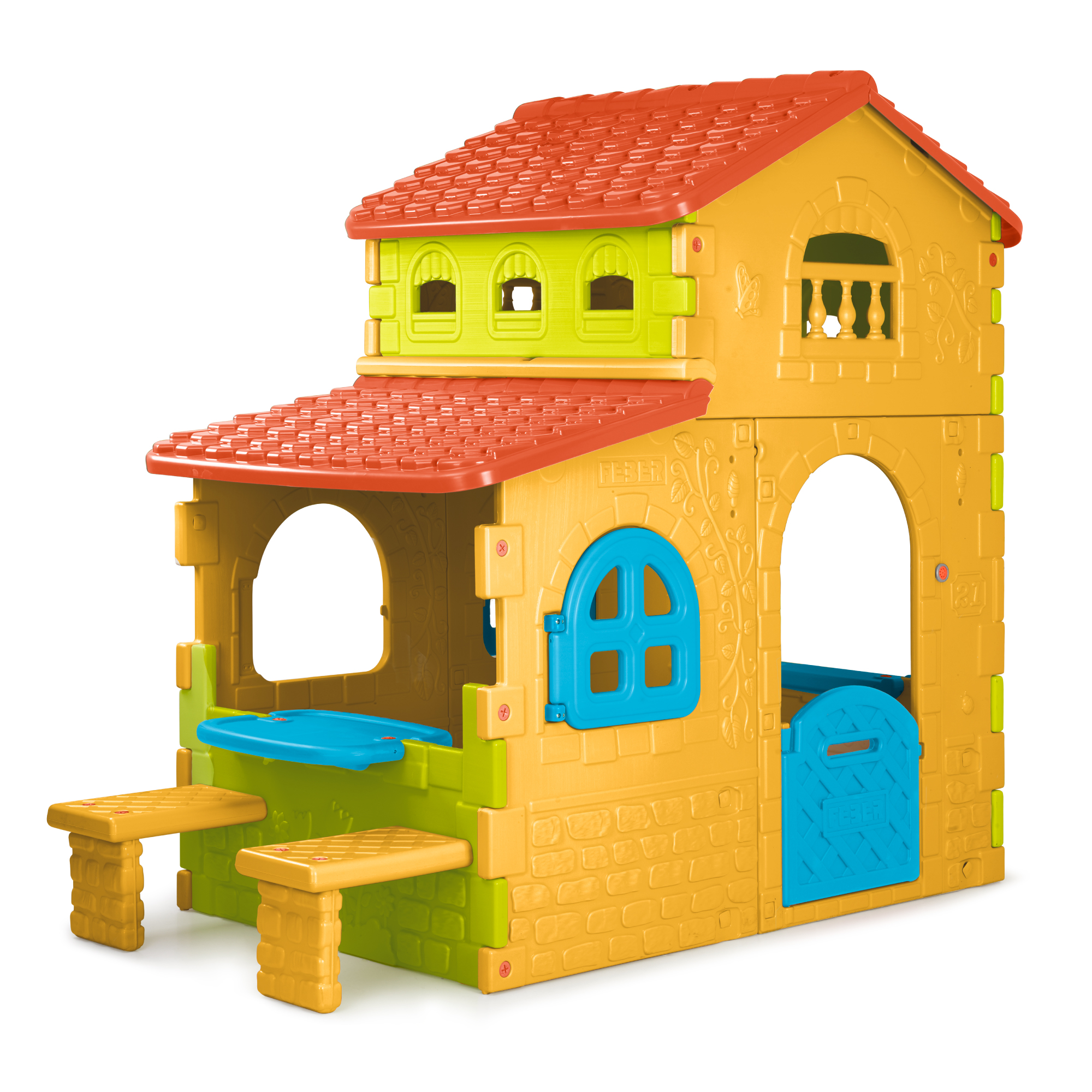 FEBER- Casita de Juegos Infantil Super Villa, Amplio Espacio en el Interior, Buzón de Cartas, Ventanas Abatibles, Banquillos, Resistente y Fácil Montaje, Para Niños de 3 años+, Famosa (800013047)