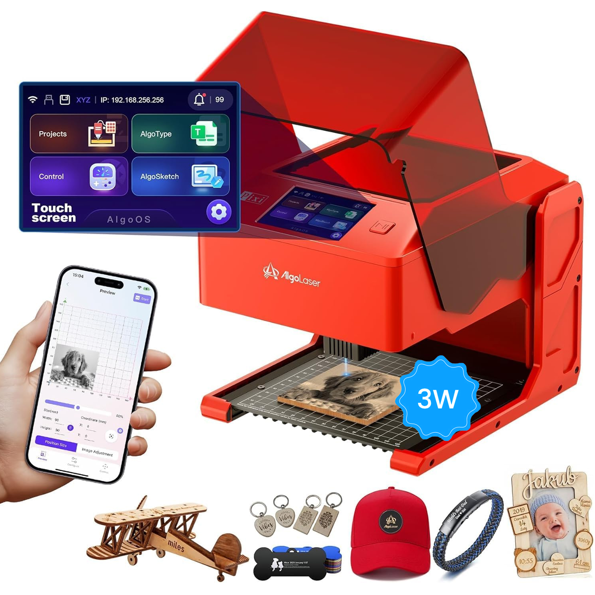 AlgoLaser Pixi 3W Grabadora Láser, Cortadora Laser para, Pantalla táctil de 3,5 pulgadas, High Precision Laser Cutting Machine for Personalized Gifts, Business Cards, Wood, Metal, Acrylic and Leather
