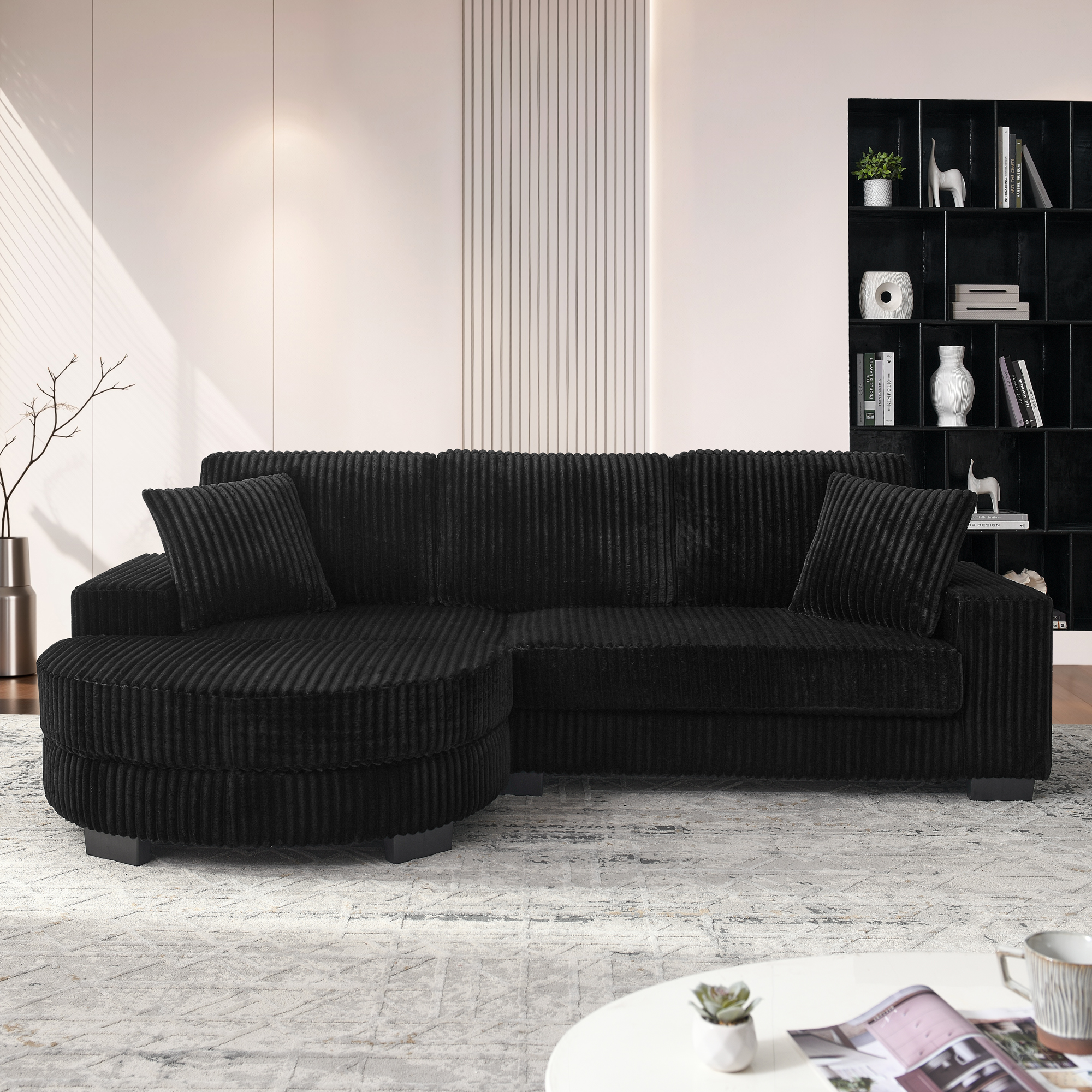 Canapé d’angle en L noir 4 places en velours côtelé avec pouf ovale et 2 coussins