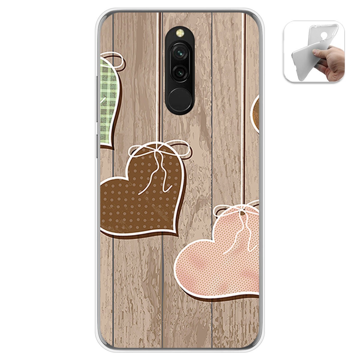 Tumundosmartphone Funda Gel Tpu para Xiaomi Redmi 8 diseño Corazones Madera Dibujos