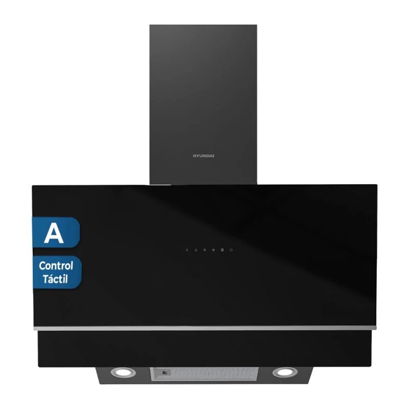 Campana Decorativa Inclinada HYUNDAI HCPD900AN 90cm 800m³/h Clase A Cristal negro  | Booster, Táctil, 64dB, Niveles Extracción 3