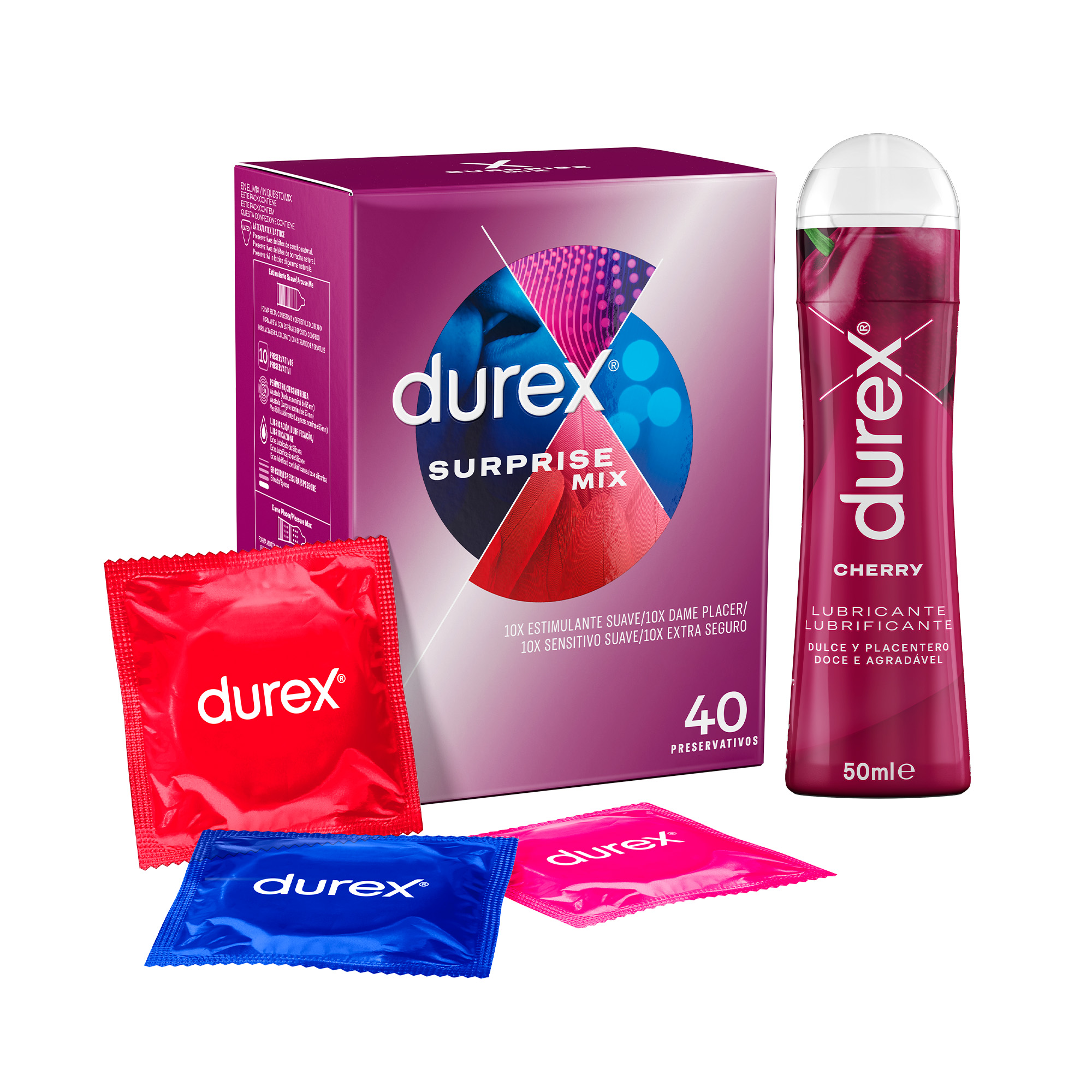 Durex - Surprise Mix 40 Condones Surtidos + Lubricante Cherry 50ml_ Dame Placer_ Sensitivo Suave_ Extra Seguro y Estimulante Suave