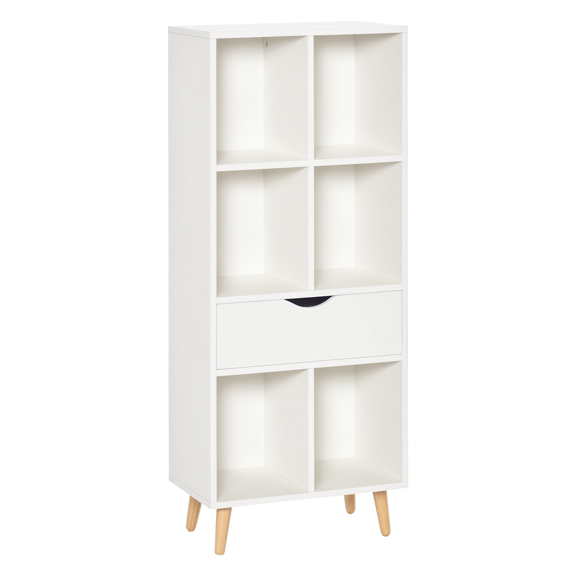 HOMCOM Librería Estantería para Libros con 1 Cajón y Patas de Madera 6 Compartimentos Abiertos de Almacenaje Plantas Archivos para Salón Dormitorio Oficina 50x29,5x120 cm Blanco