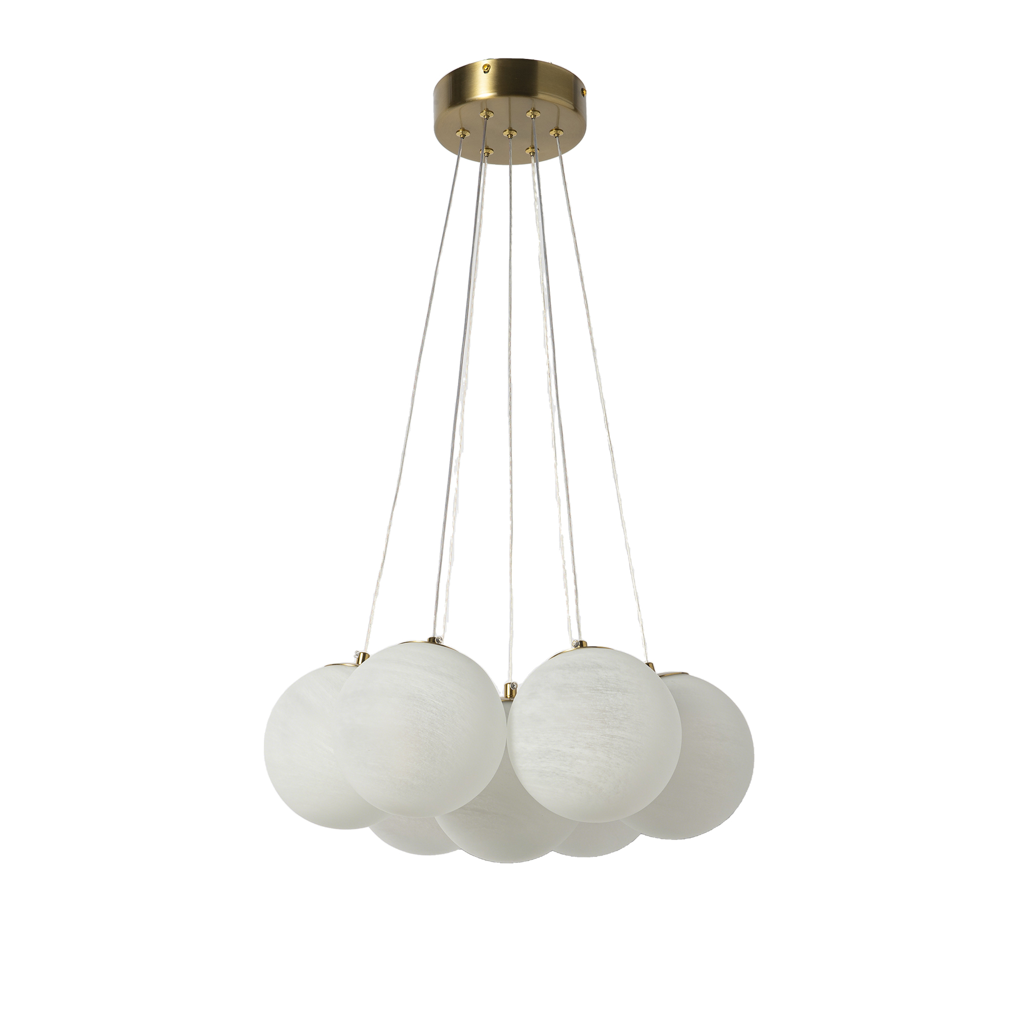 ALPINALUZ Lámpara Colgante Dorada con 7 Globos de Cristal Opal Veteado, E14, Altura Regulable para Salón y Comedor