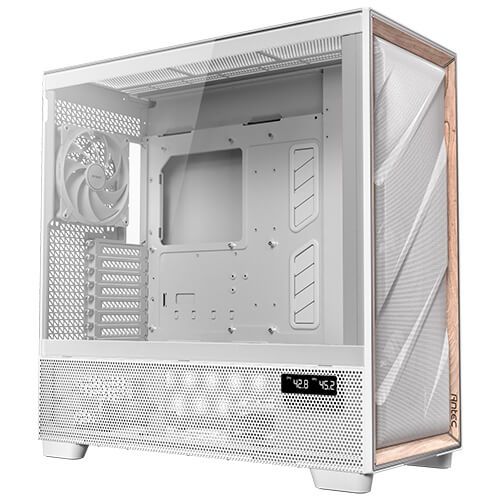 Antec - Caja para PC FLUX PRO EUV WOOD con acabado en madera y vidrio templado, compatible con placas ATX/EATX/ITX/microATX, 4 bahías HDD, soporte para 3 ventiladores frontales de 140 mm y 1 trasero, color blanco