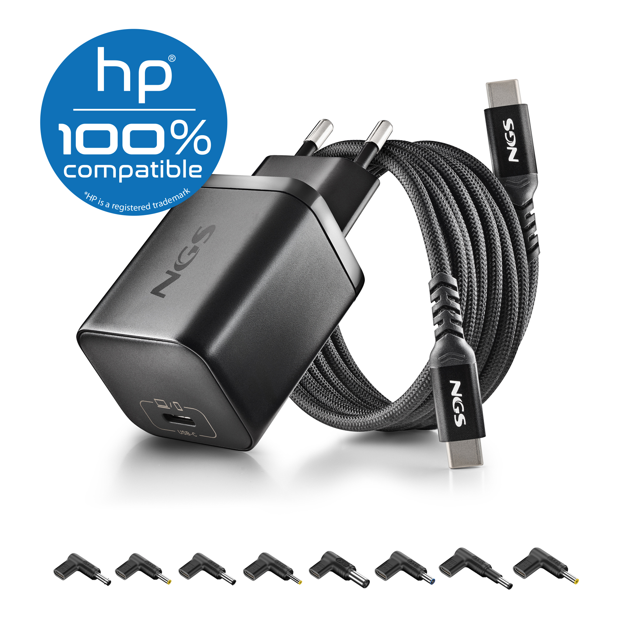Cargador de Pared USB-C 65W con Tecnología GaN NGS BUD 65W-H + Cable 1,5m y 8 Punta Adaptadores para Portátiles HP - Negro