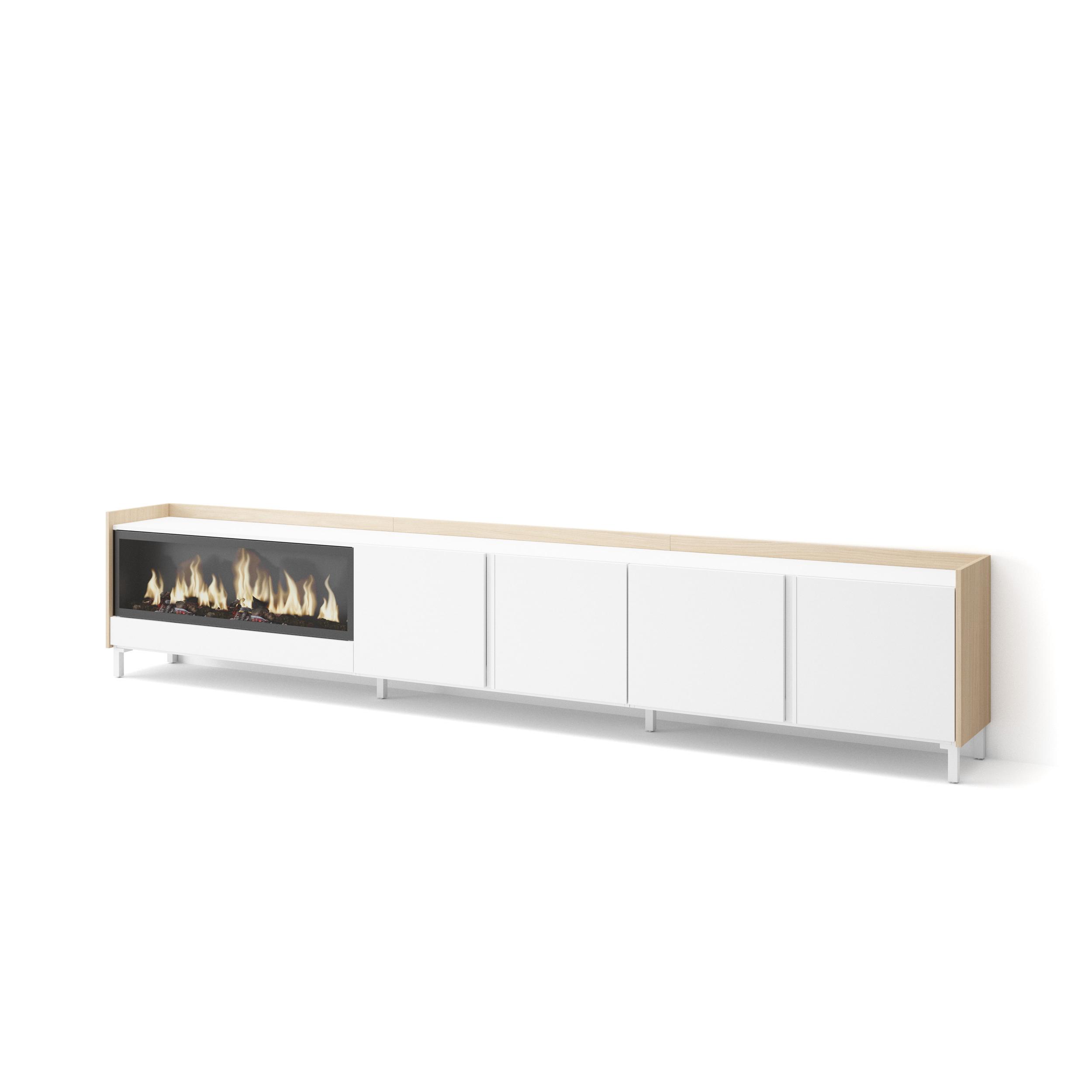 Mueble TV, Televisión, 315x35x61cm, Para TV hasta 80", Chimenea eléctrica XXL, Diseño industrial