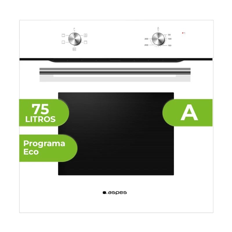 Aspes - Horno empotrable AH4701EB de limpieza manual, 75 L, clase energética A, ancho 59 cm, color blanco, para cocina integrada en hueco estándar de 60 cm