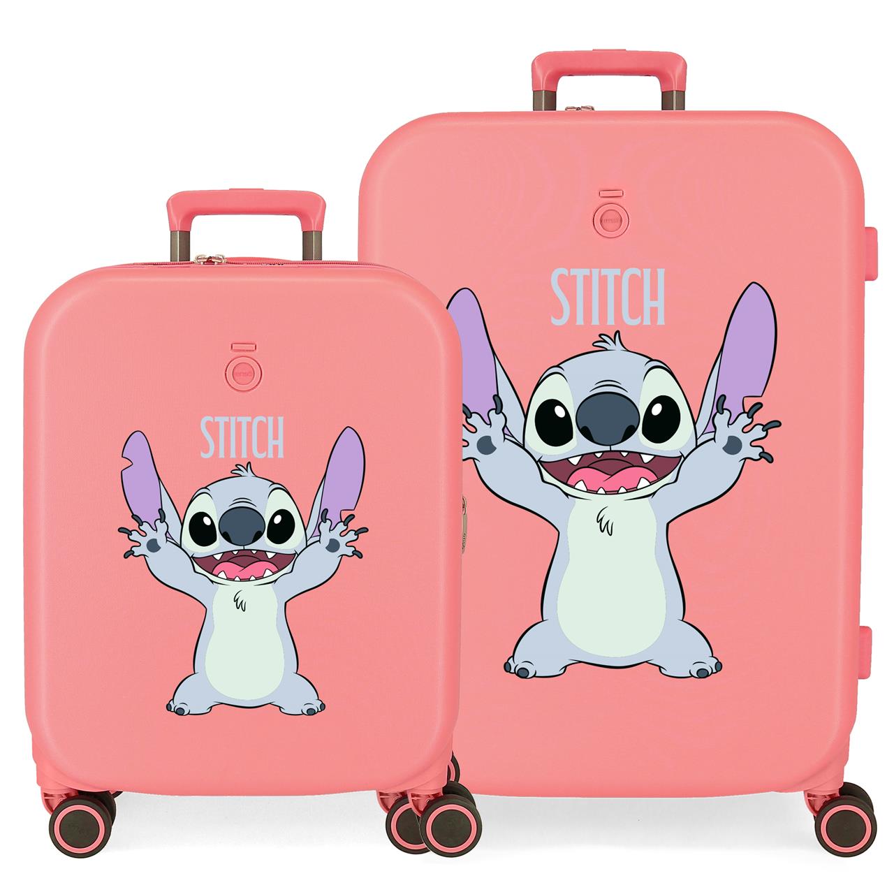 Juego de maletas Stitch Playful  compuesto por una maleta de cabina de 40 x 55 x 20 cm con 37L y 2,8 kg y una maleta grande de 48 x 70 x 28 cm de 79L y 4,0 kg. Fabricadas en ABS, un material resistente y ligero.