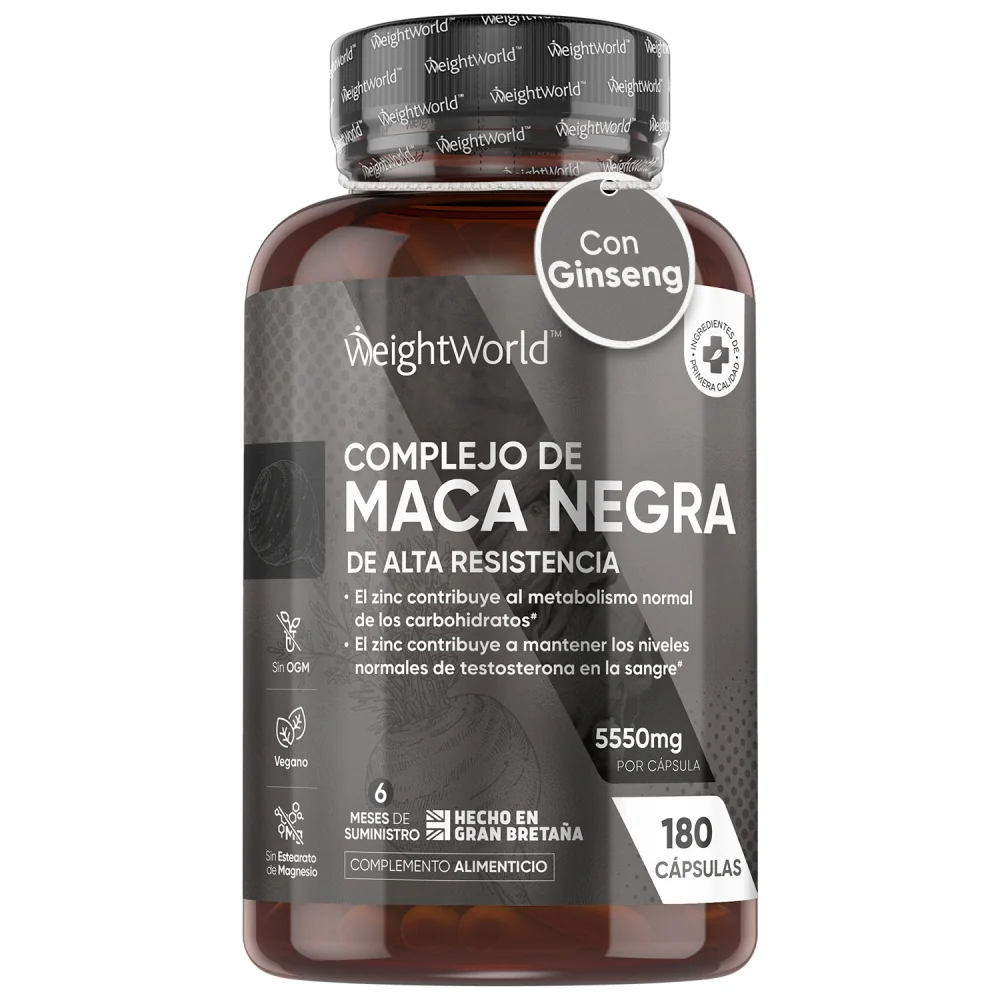 Maca Negra y Amarilla Andina Complex 5500mg de Potencia-100:1-6 Meses de Suministro, 180 Maca Cápsulas Veganas - Con Zinc, L-Arginina, Ginseng y Pimienta Negra, Sin Estearato de Magnesio WeightWorld