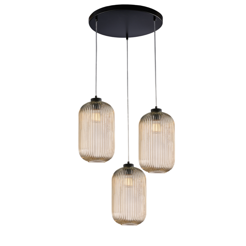 Krizia - Lámpara colgante negra con cristal ámbar decorado y cables eléctricos orientables, 3 luces - Belight