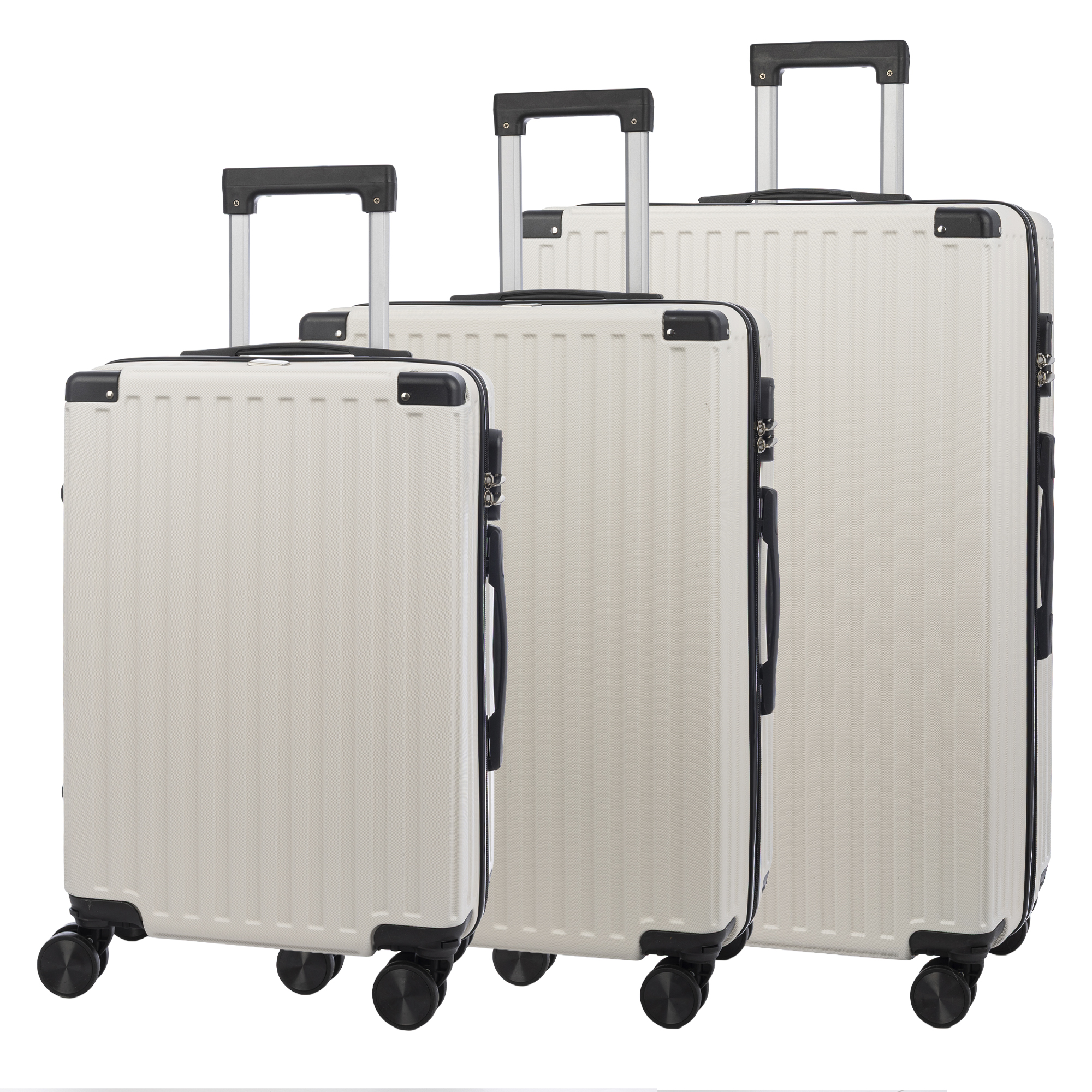 Juego de 3 maletas Trolley, en material ligero ABS de alta resistencia con esquinas reforzadas. Cerradura numérica y 4 ruedas dobles extraíbles y giratorias 360°.