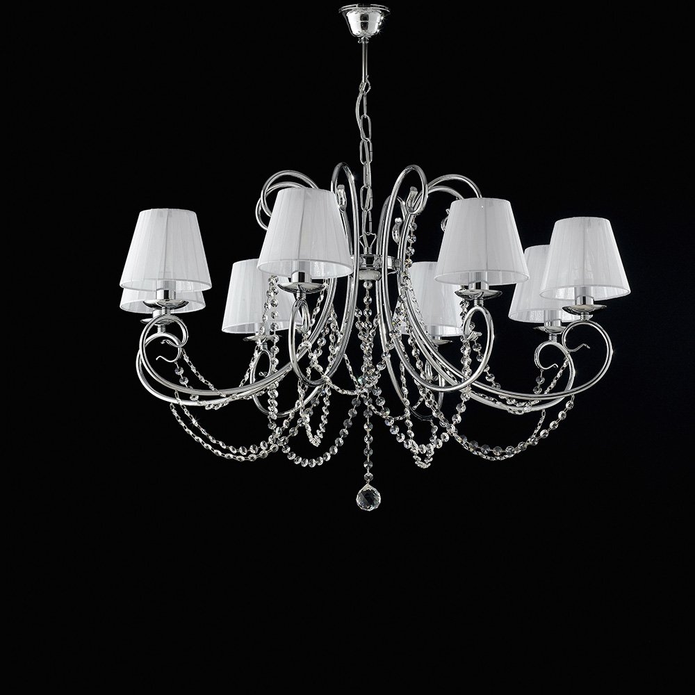 Araña Shabby Chic Magda Chrome 8 Luces E14 con Pantalla