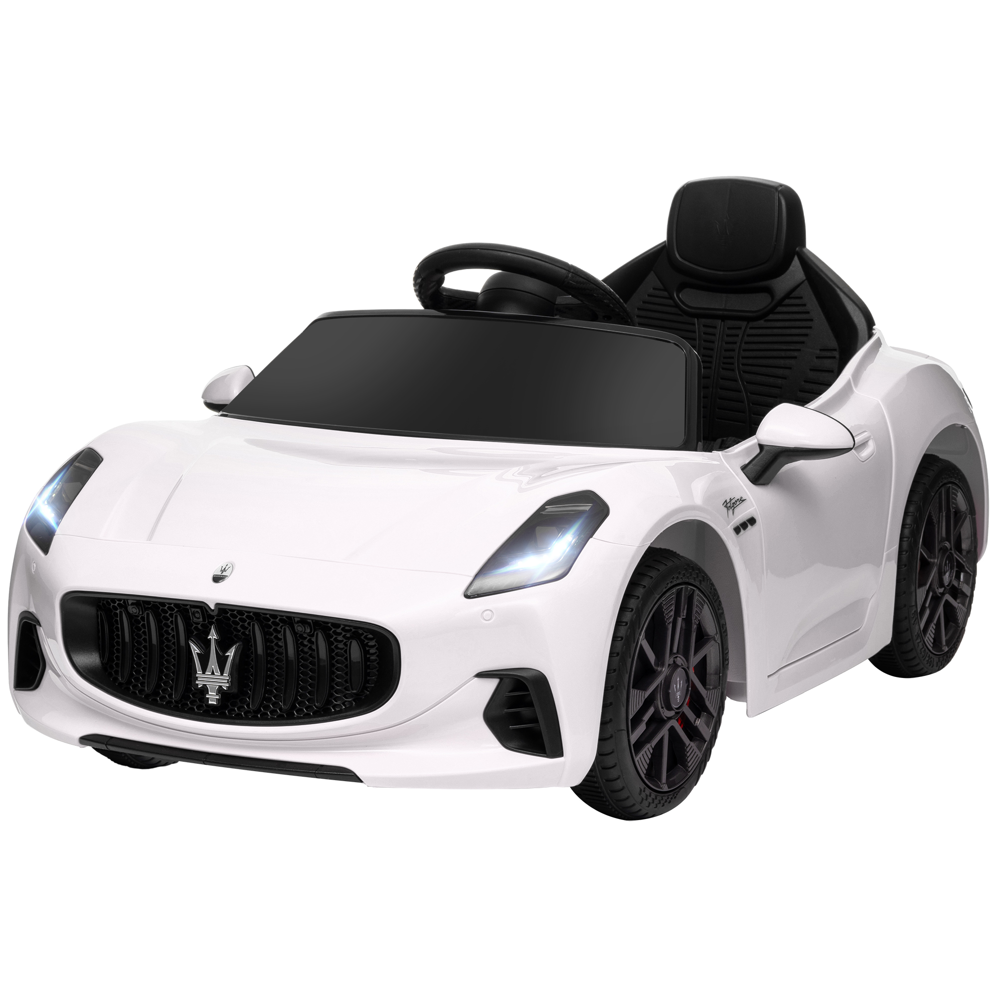 AIYAPLAY Coche Eléctrico para Niños de +3 Años Maserati Gran Turismo Folgore 2 Motores Potentes Coche Eléctrico con Batería 12V Mando a Distancia 2,4G Ruedas Auxiliares Faros Bocina y MP3 Blanco