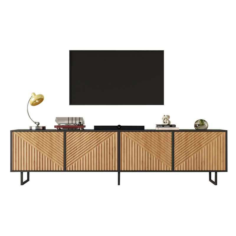 Meuble TV 180 cm effet bois naturel et noir avec quatre portes et pieds métalliques