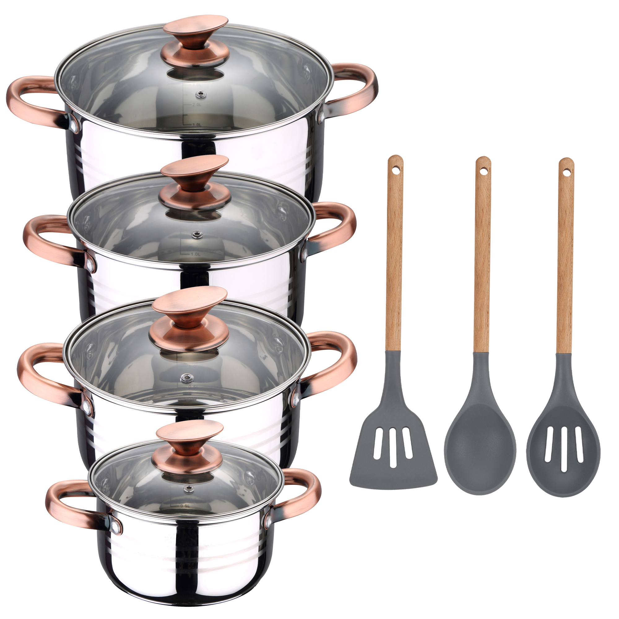 Batería de Cocina San Ignacio Altea de 8 Piezas en Acero Inoxidable con Set de Utensilios de Cocina en Silicona Daimiel
